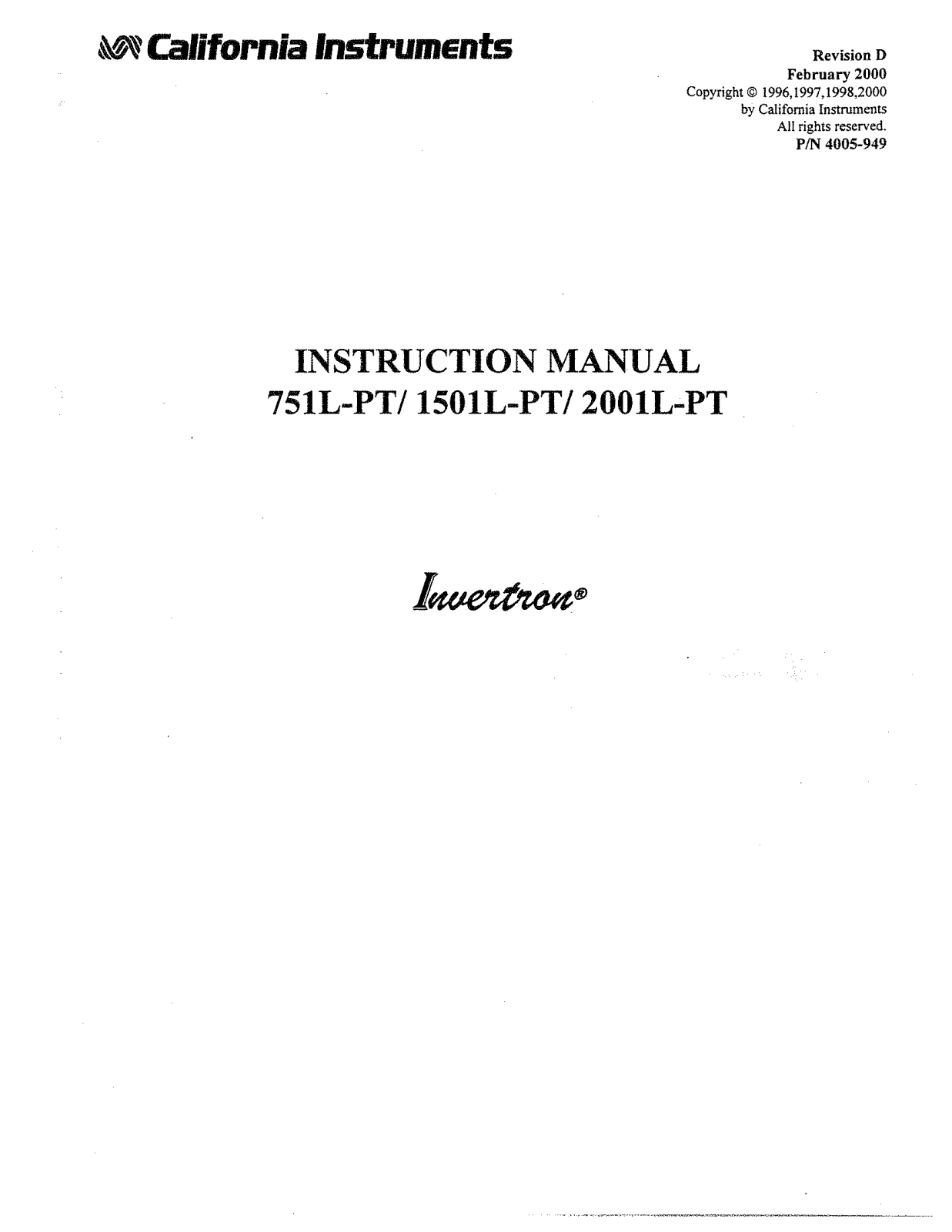 California Instruments 2001L-PT, 1501L-PT, 751L-PT Service manual