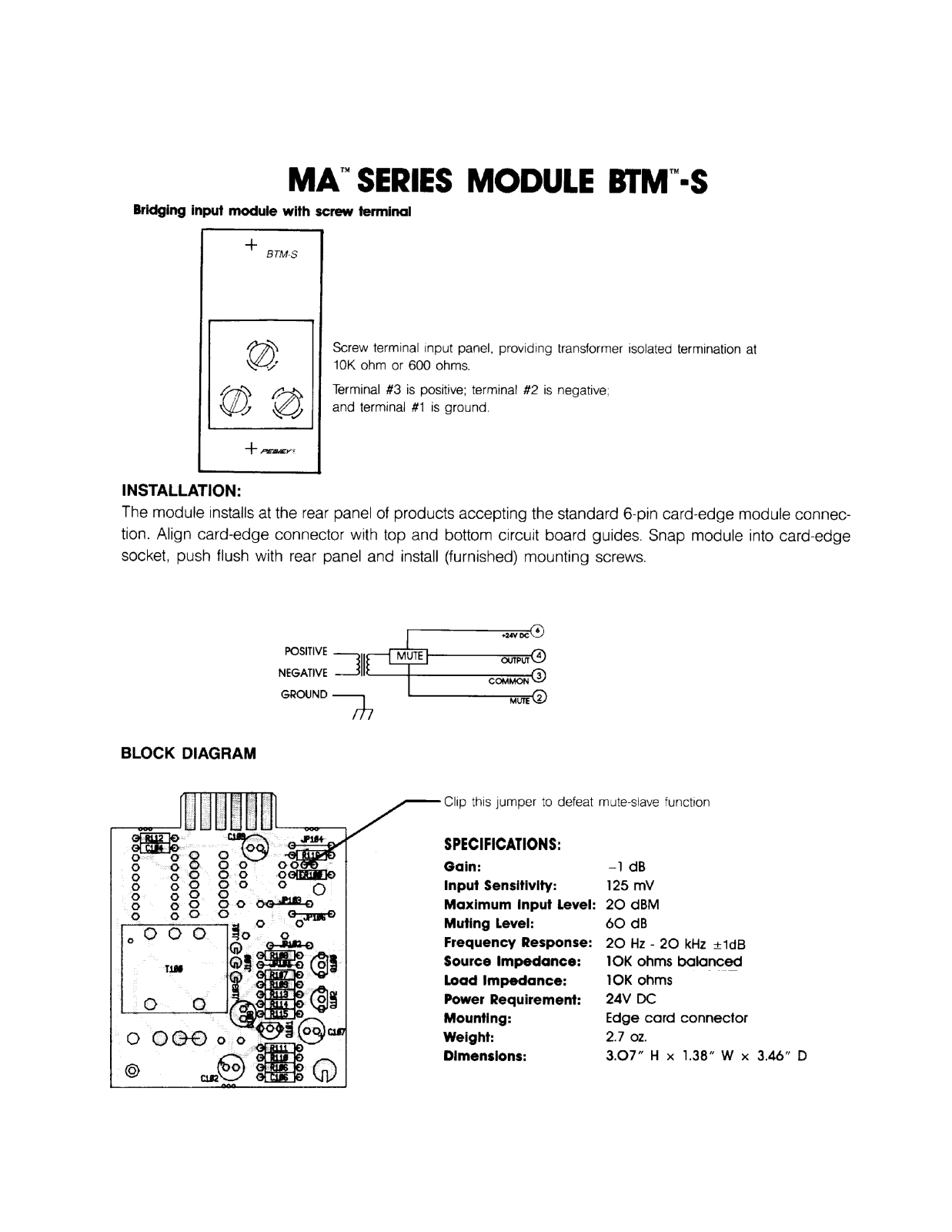 Peavey MA Series MODULE BTM-S INSTALLATION GUIDE