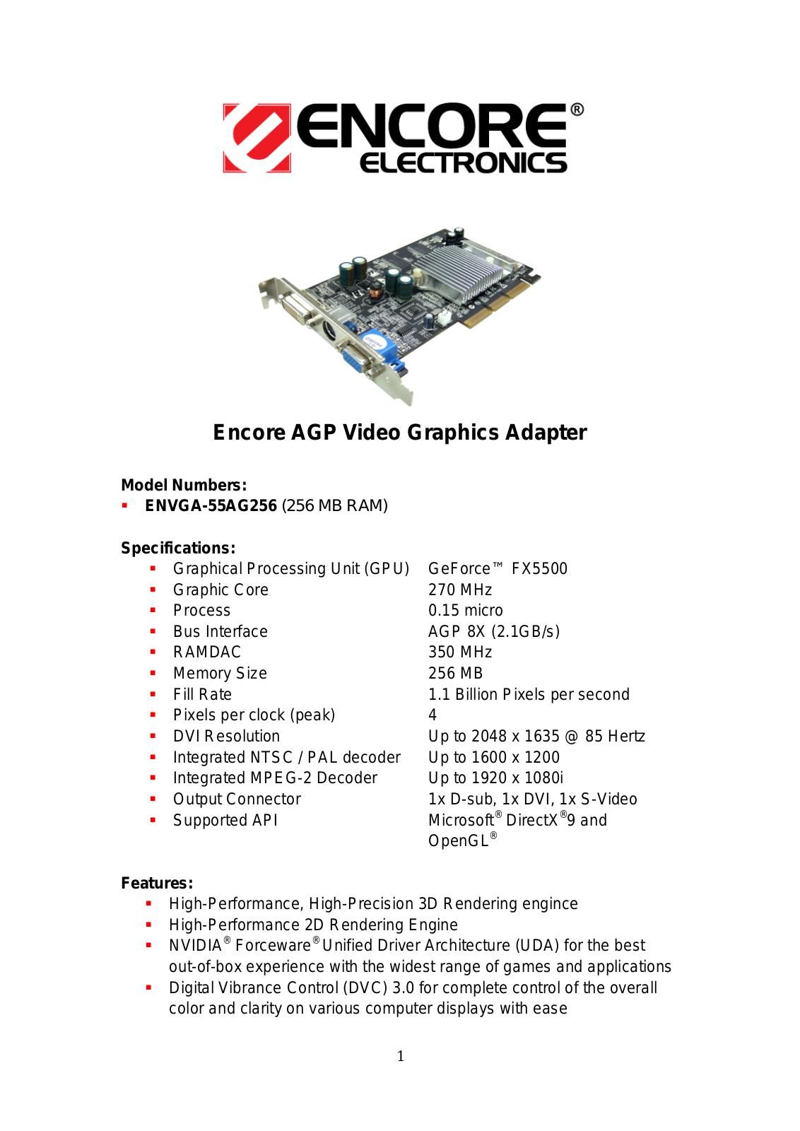 Encore ENVGA-55AG256 DATA SHEET