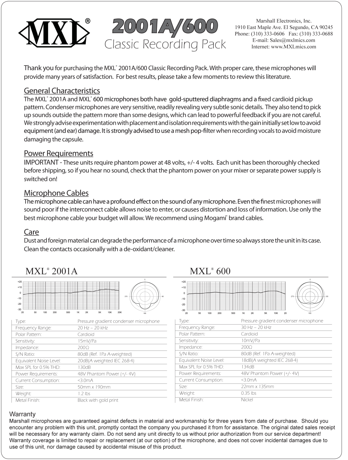 Marshall electronic 2001A, 600 User Manual