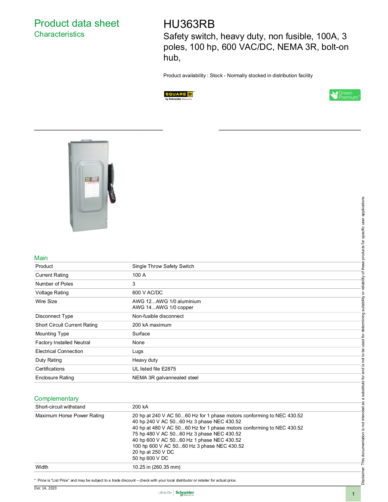 Square D HU363RB Data Sheet