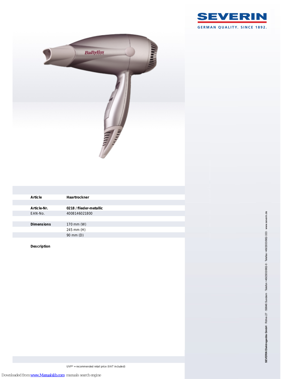 SEVERIN CREATION 1600 0218, 218 Dimensions