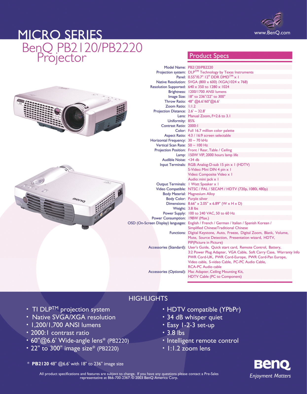 BenQ PB2120, PB2220 Product Sheet