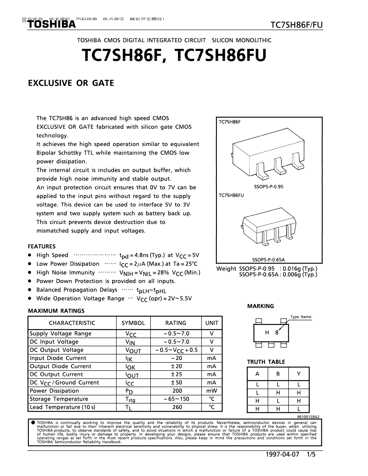 TOSHIBA TC7SH86F, TC7SH86FU Technical data