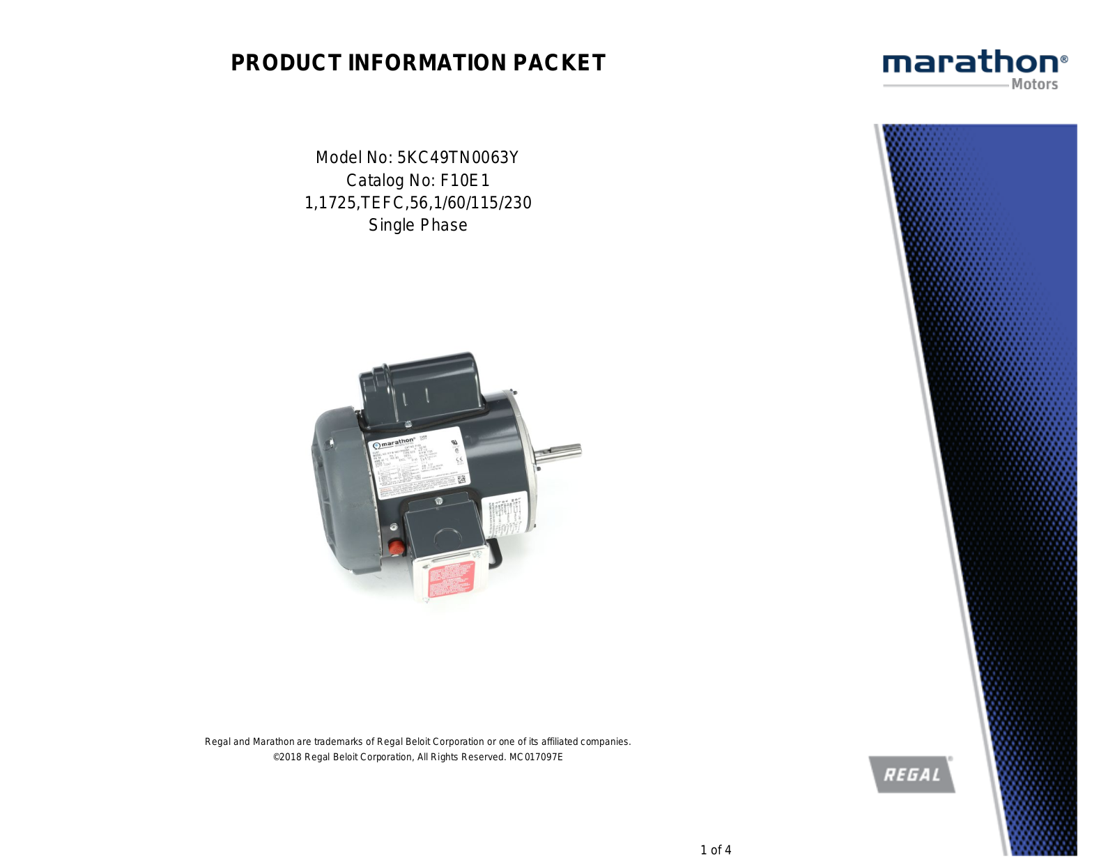 Marathon Electric 5KC49TN0063Y Product Information Packet