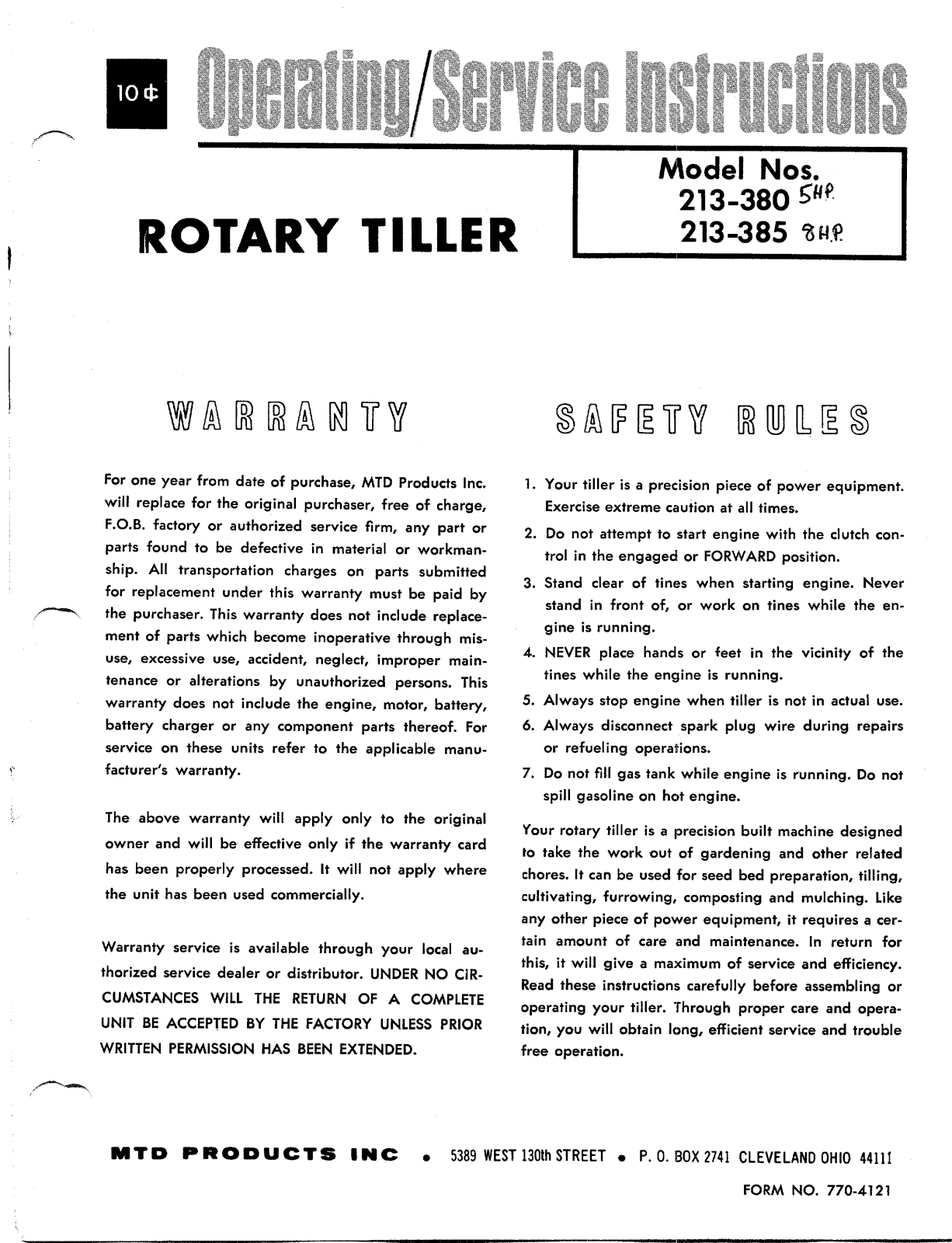 MTD 213-380, 213-385 User Manual