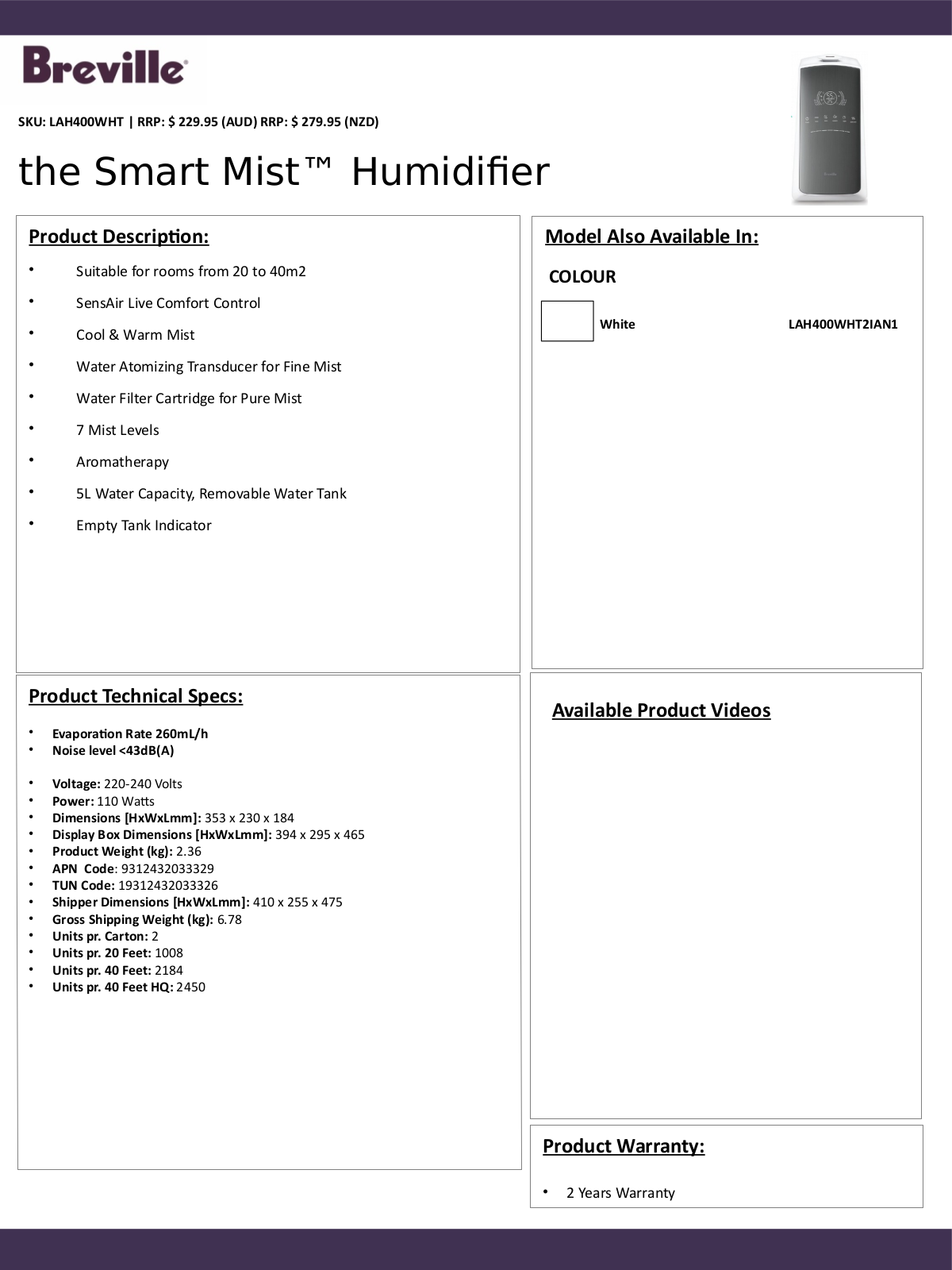 Breville LAH400WHT Specifications Sheet