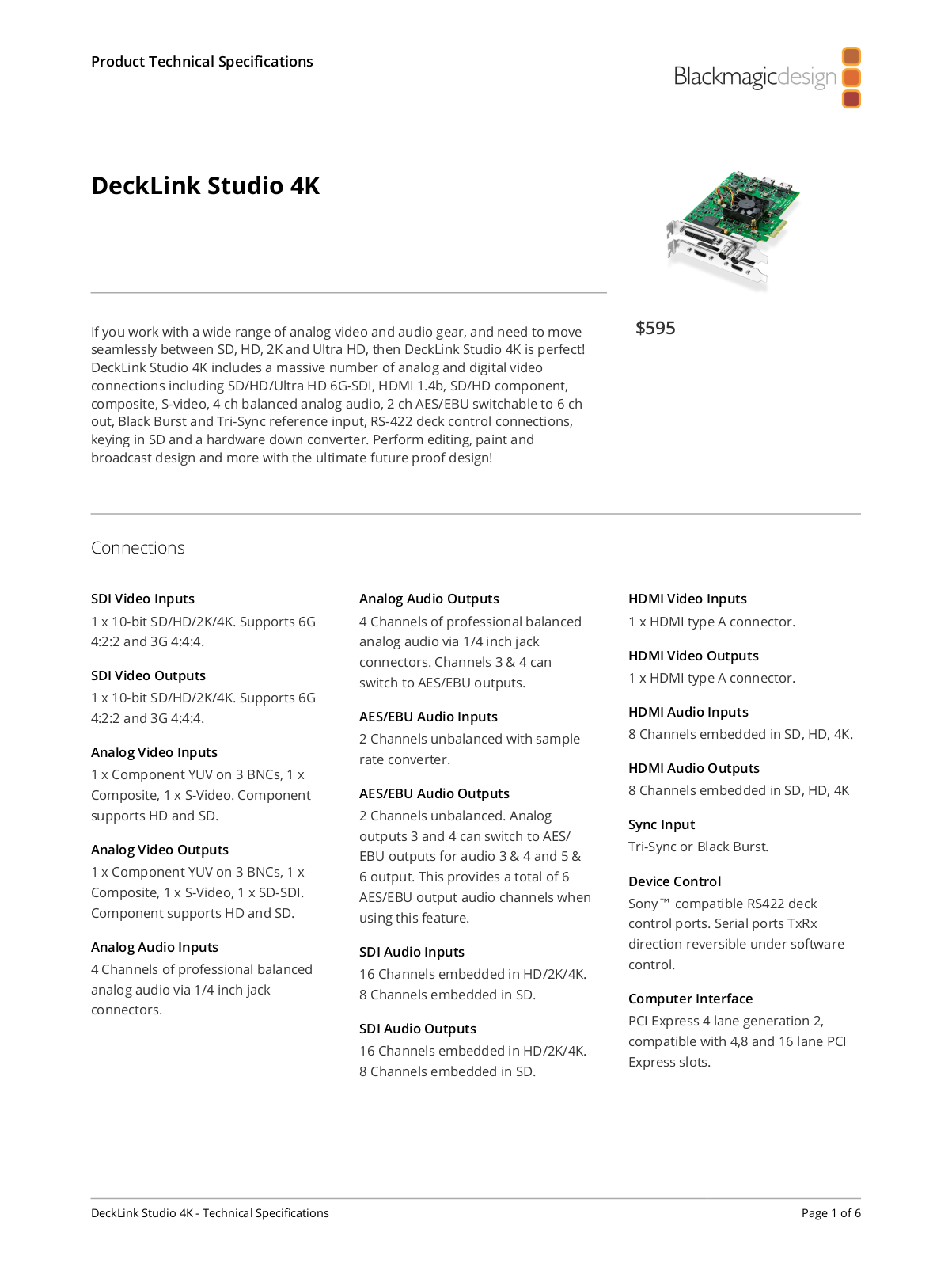 Blackmagic Design DeckLink Studio 4K Specifications