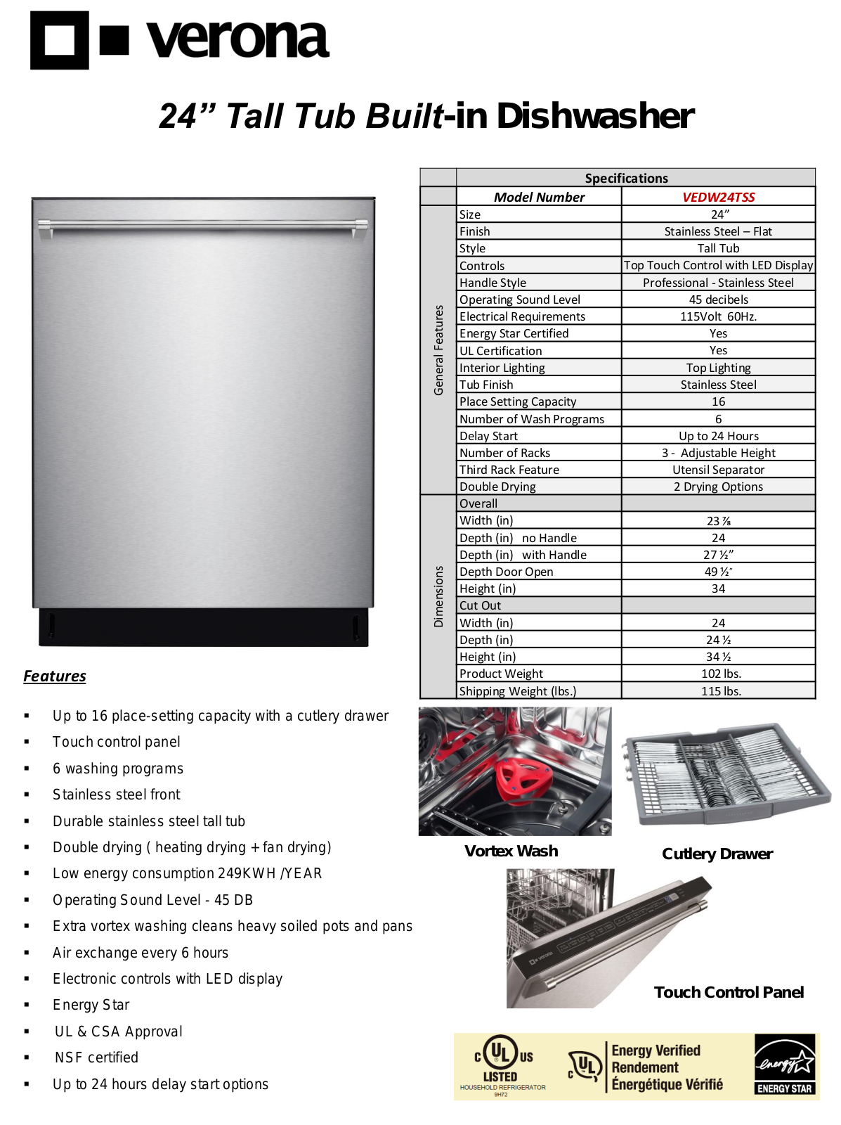 Verona VEDW24TSS Specifications