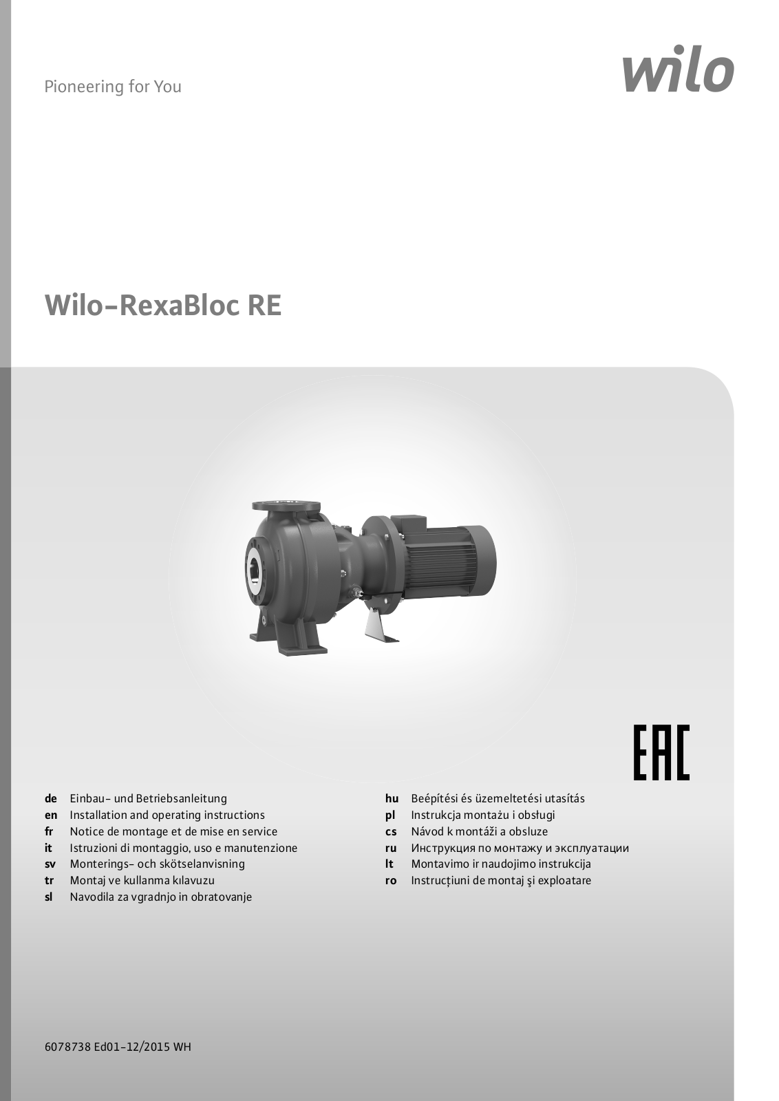 Wilo RexaBloc RE Installation And Operating Instructions