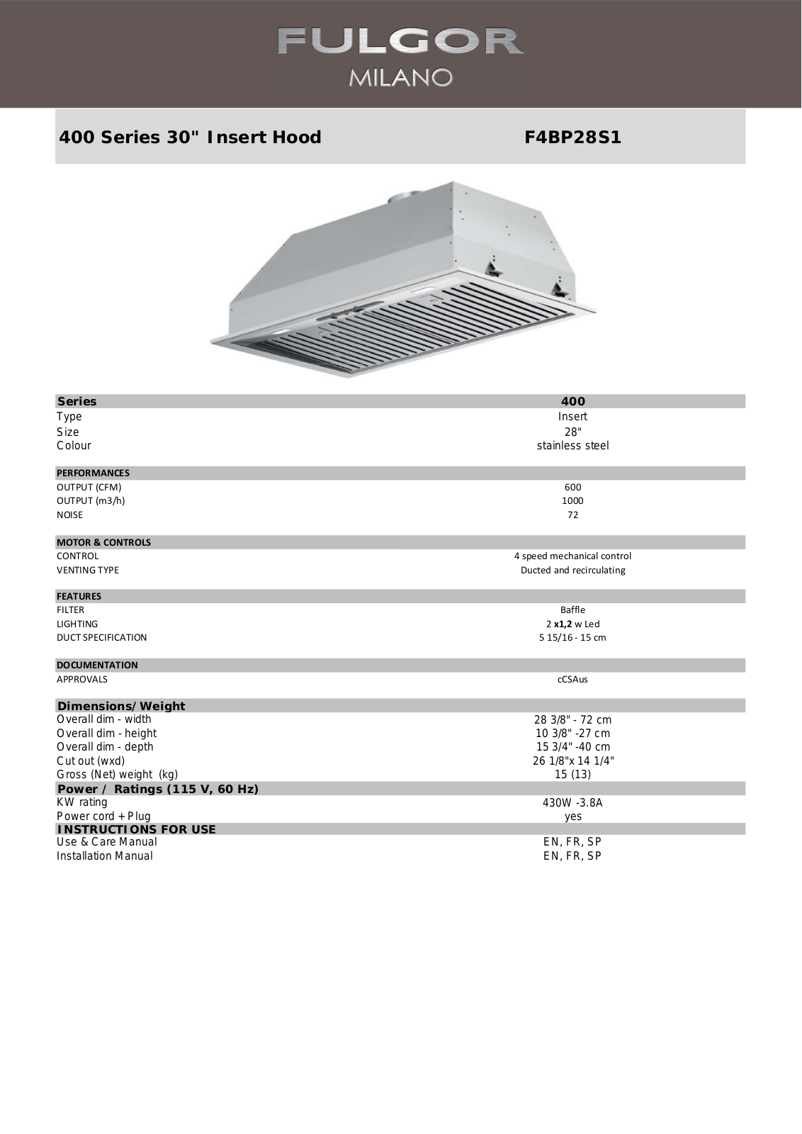 Fulgor Milano F4BP28S1 Specifications