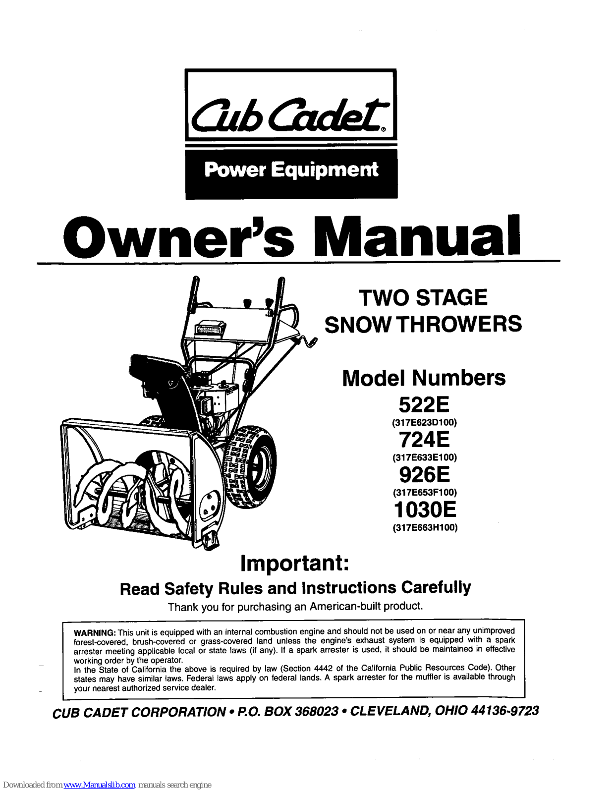 Cub Cadet 522E, 926E, 1030E, 724E Owner's Manual