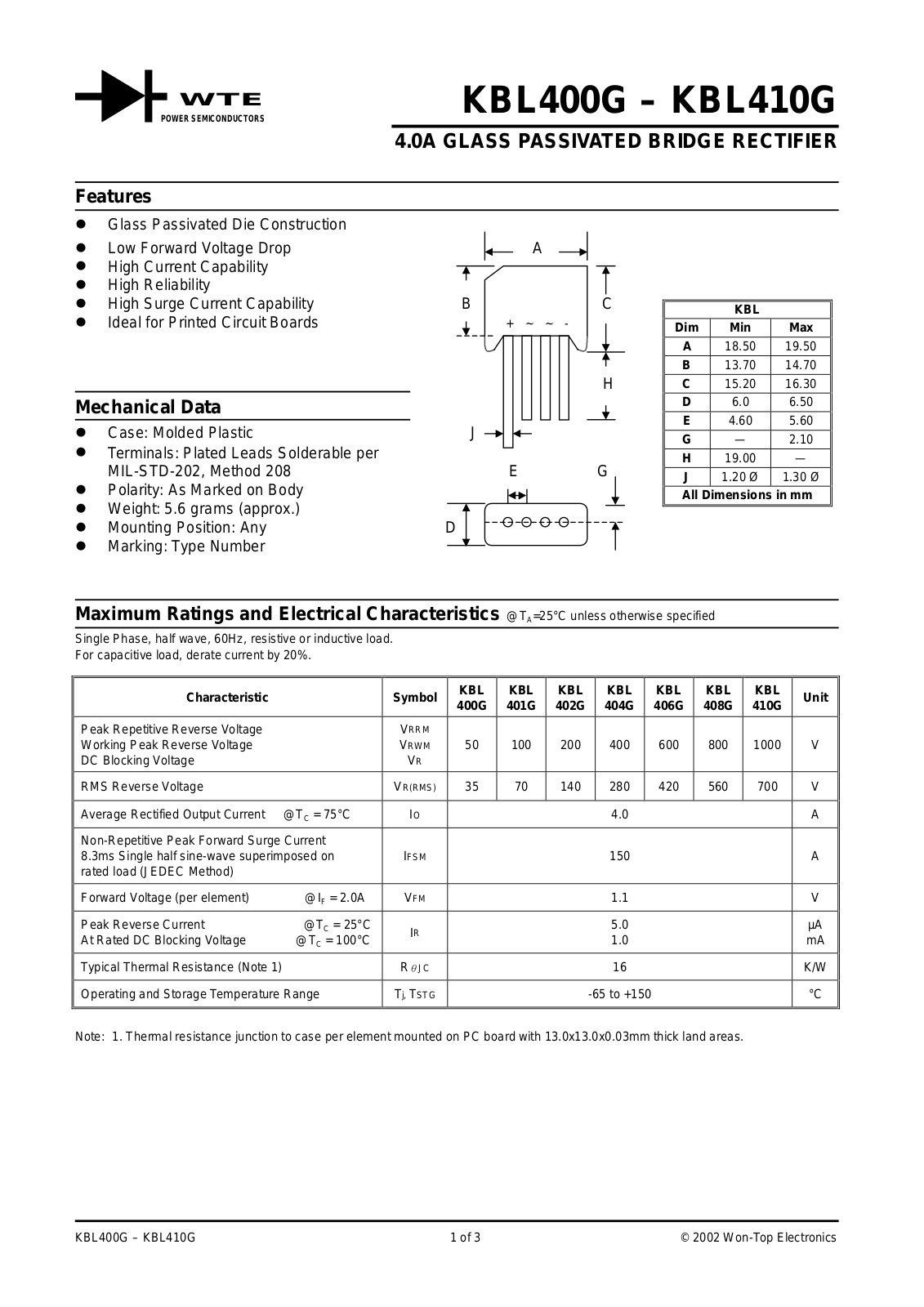 WTE KBL406G, KBL404G, KBL402G, KBL410G, KBL408G Datasheet