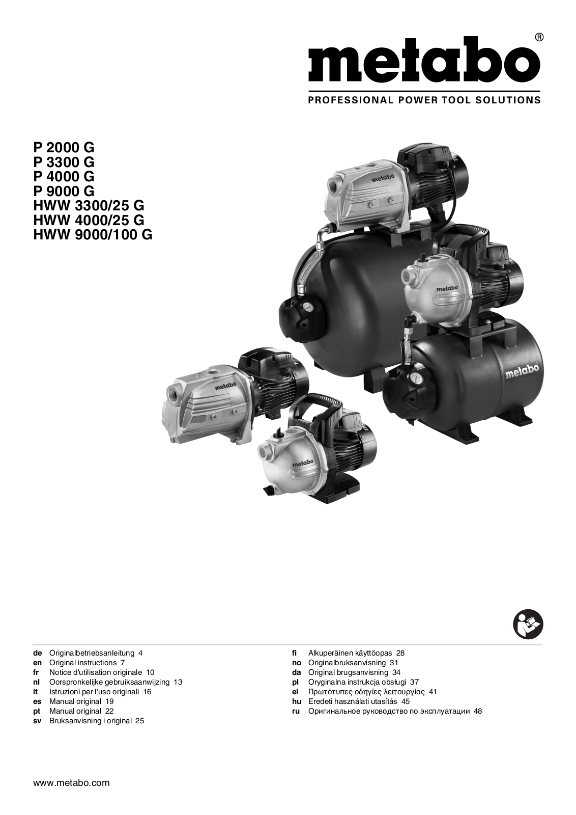 Metabo P 2000 G, P 3300 G, P 4000 G, P 9000 G, HWW 3300-25 G User Manual