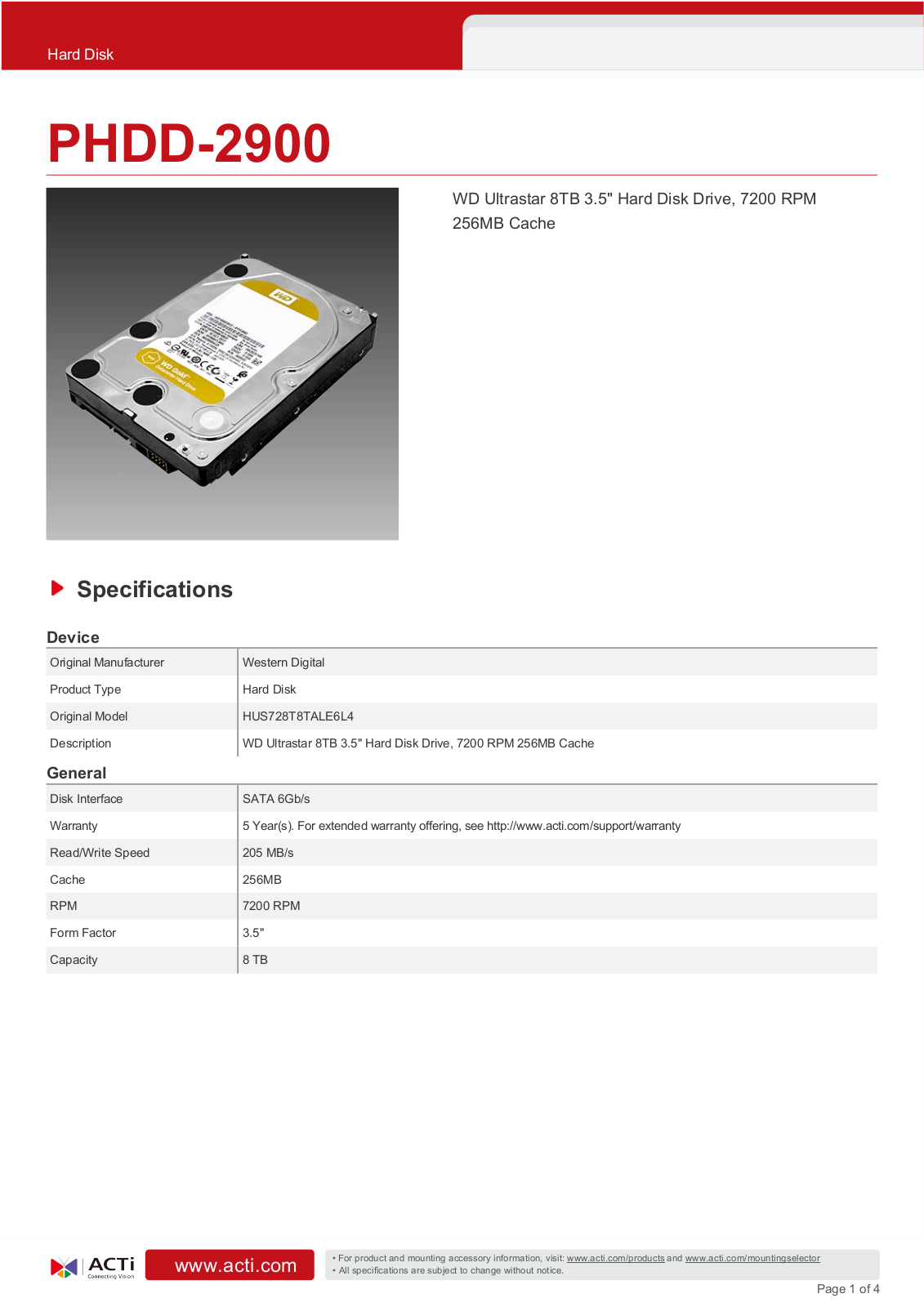 ACTi PHDD-2900 Specsheet