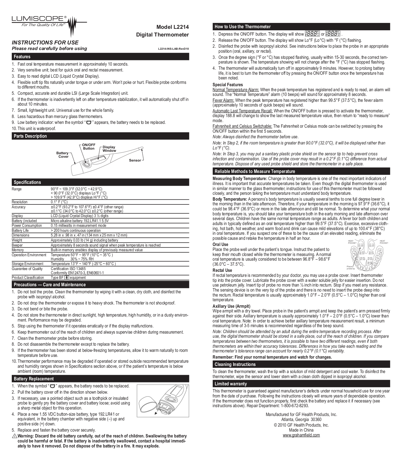 Lumiscope L2214 User Manual