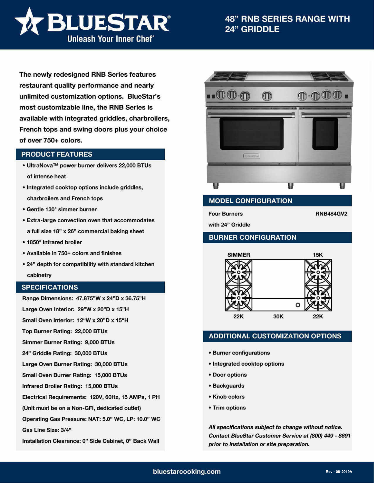 Bluestar RNB484GV2 Specsheet