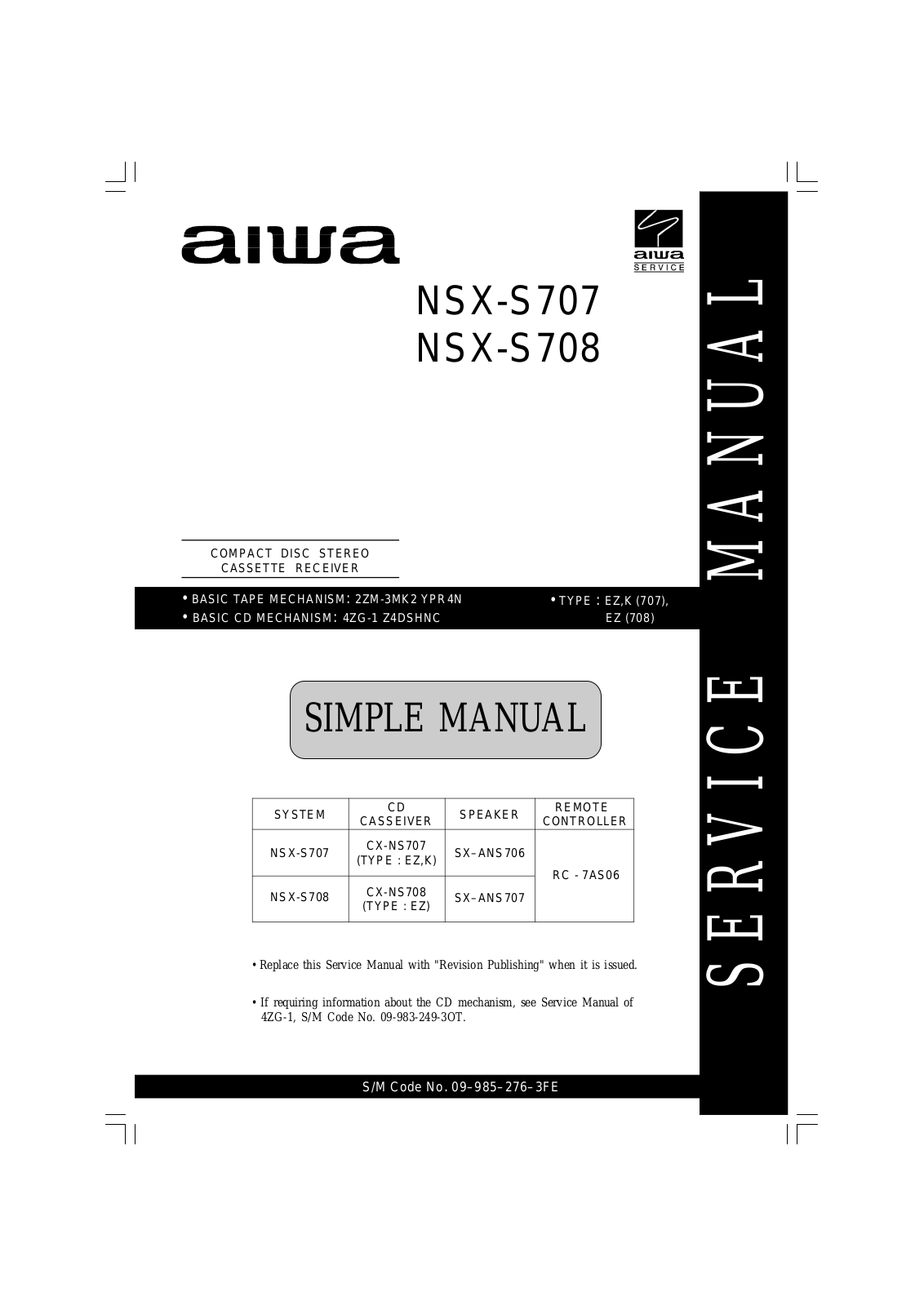 Aiwa NSXS-707, NSXS-708 Service manual