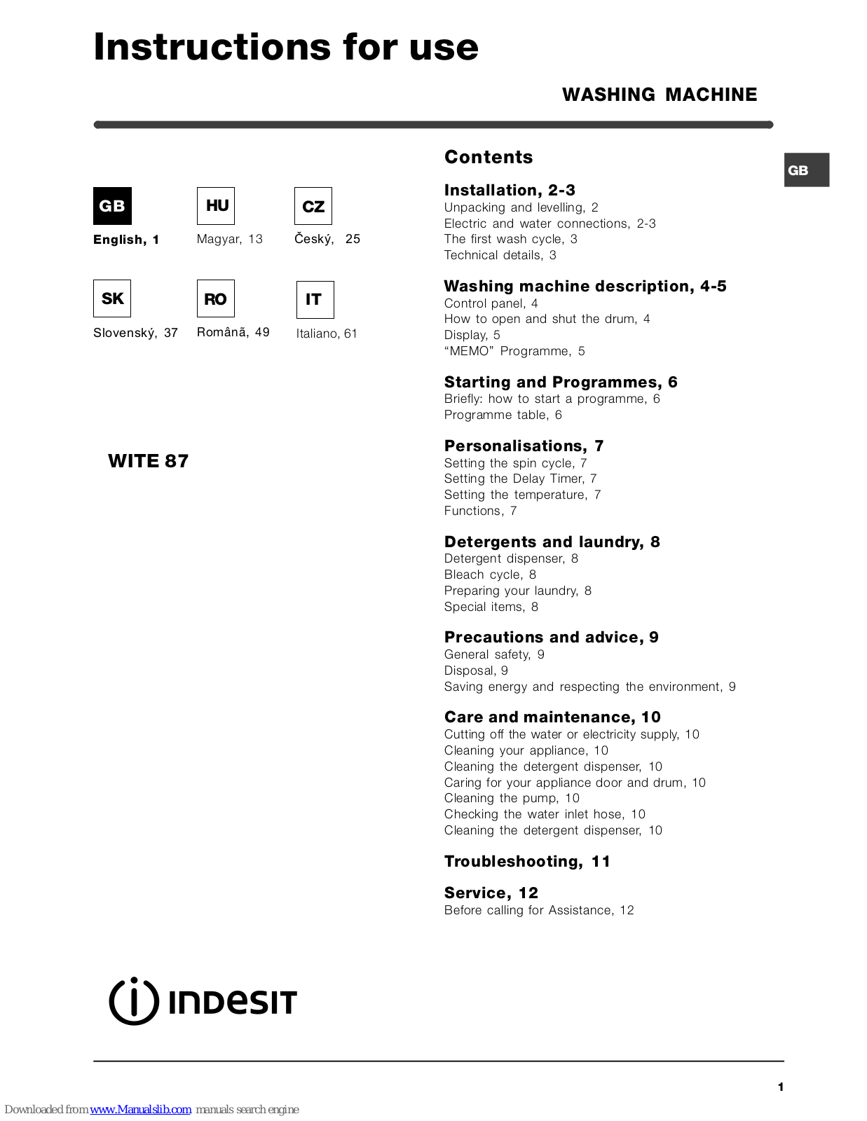 Indesit wite WITE 87 Instructions For Use Manual