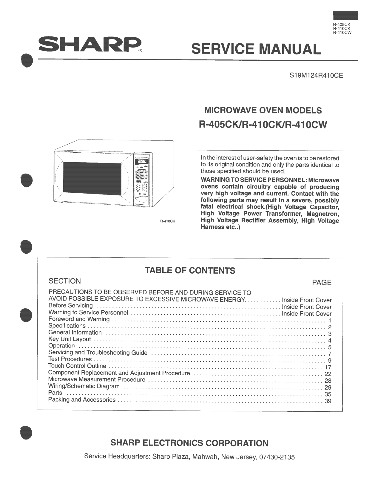 SHARP R405CK, R-410Ck, R-410CW Service Manual