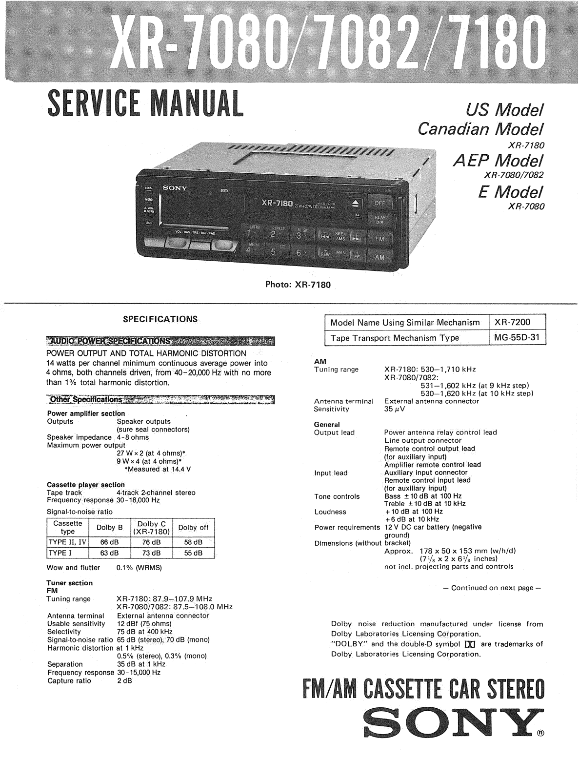 Sony XR-7080, XR-7082, XR-7180 Service manual