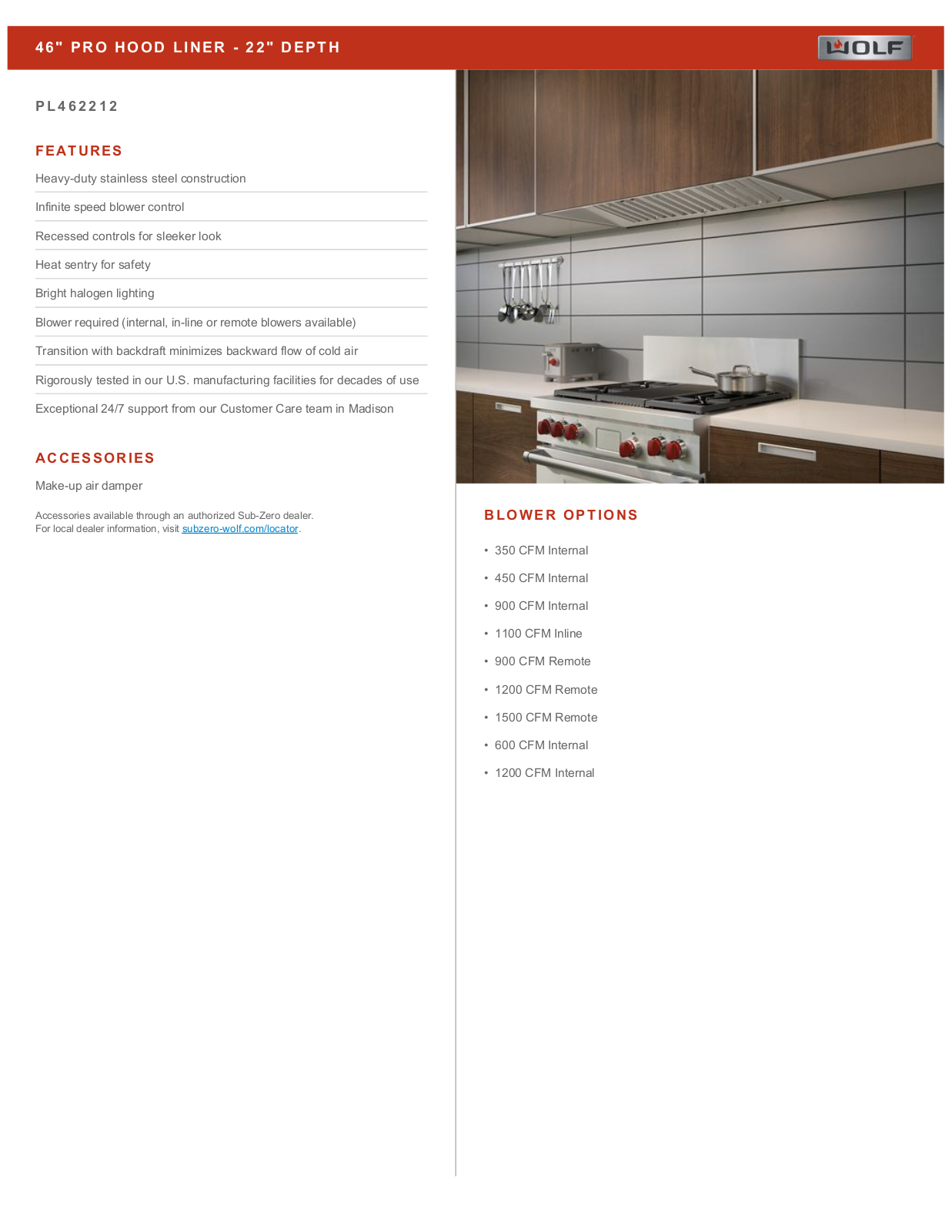 Wolf PL462212 Specification Sheet