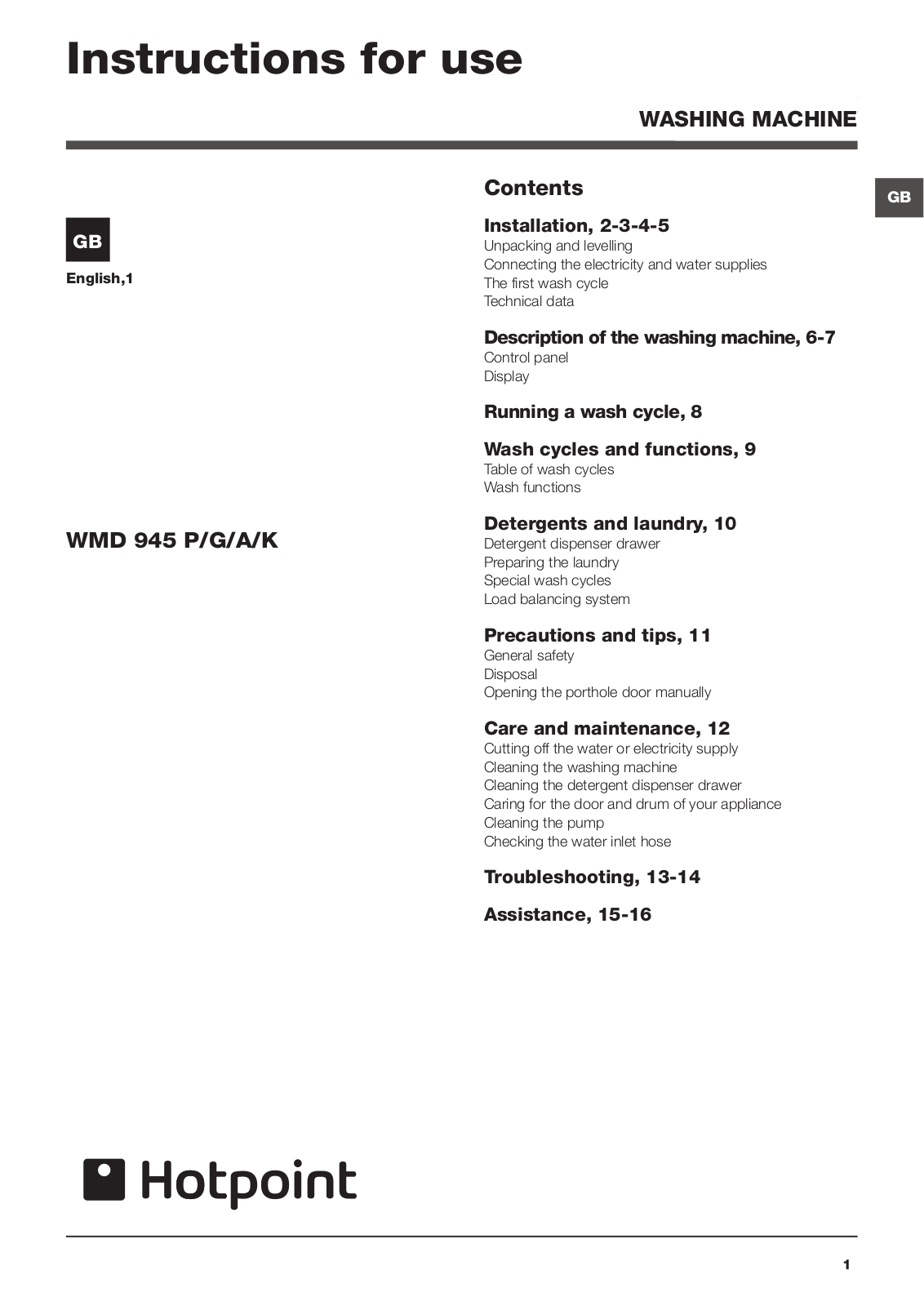 Hotpoint WMD 945 P, WMD 945 G, WMD 945 A, WMD 945 K Installation and User Instructions