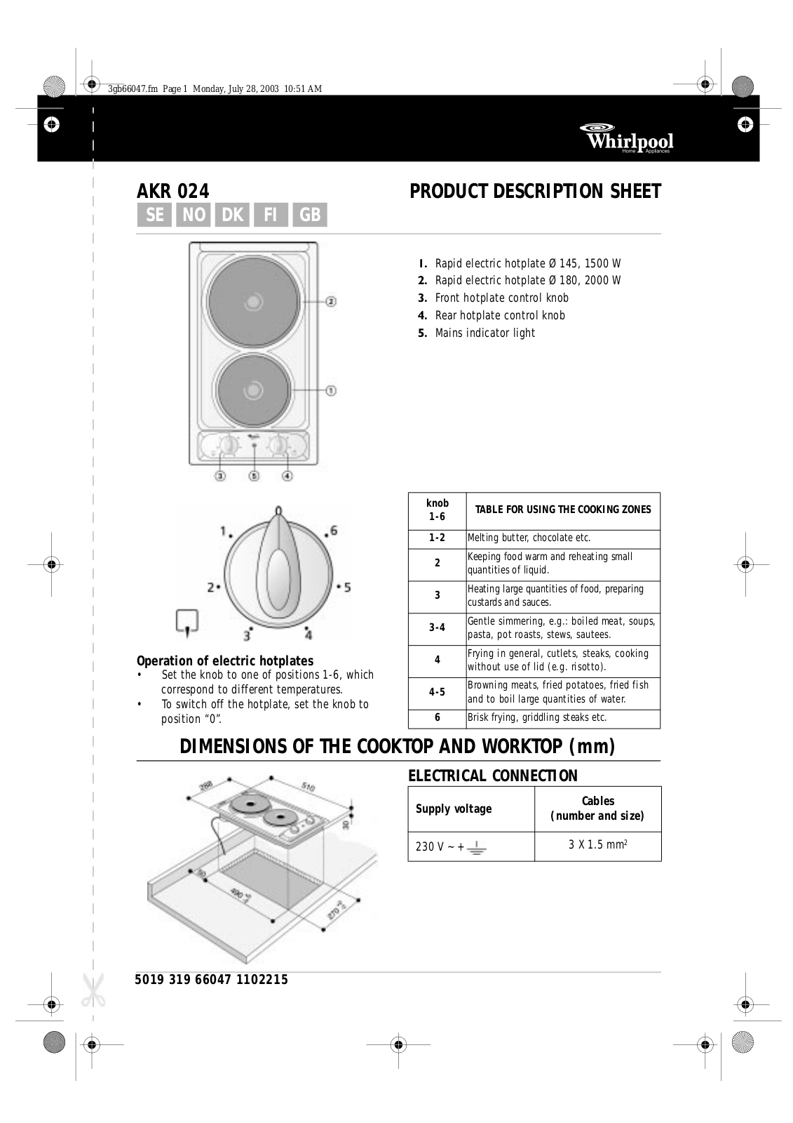 Whirlpool AKR 024/IX PROGRAM CHART