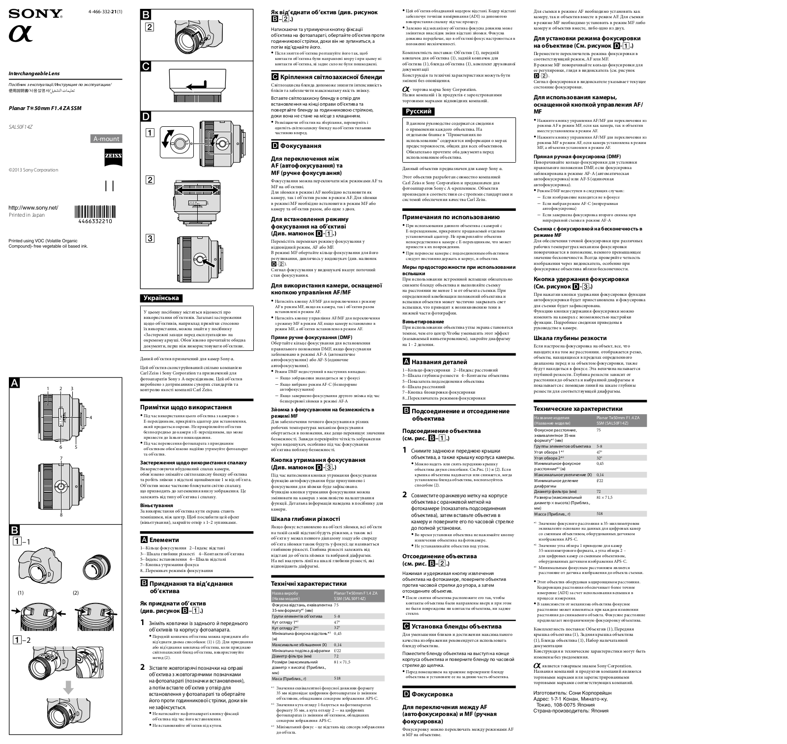 Sony Planar T 50mm F1.4 ZA SSM User Manual