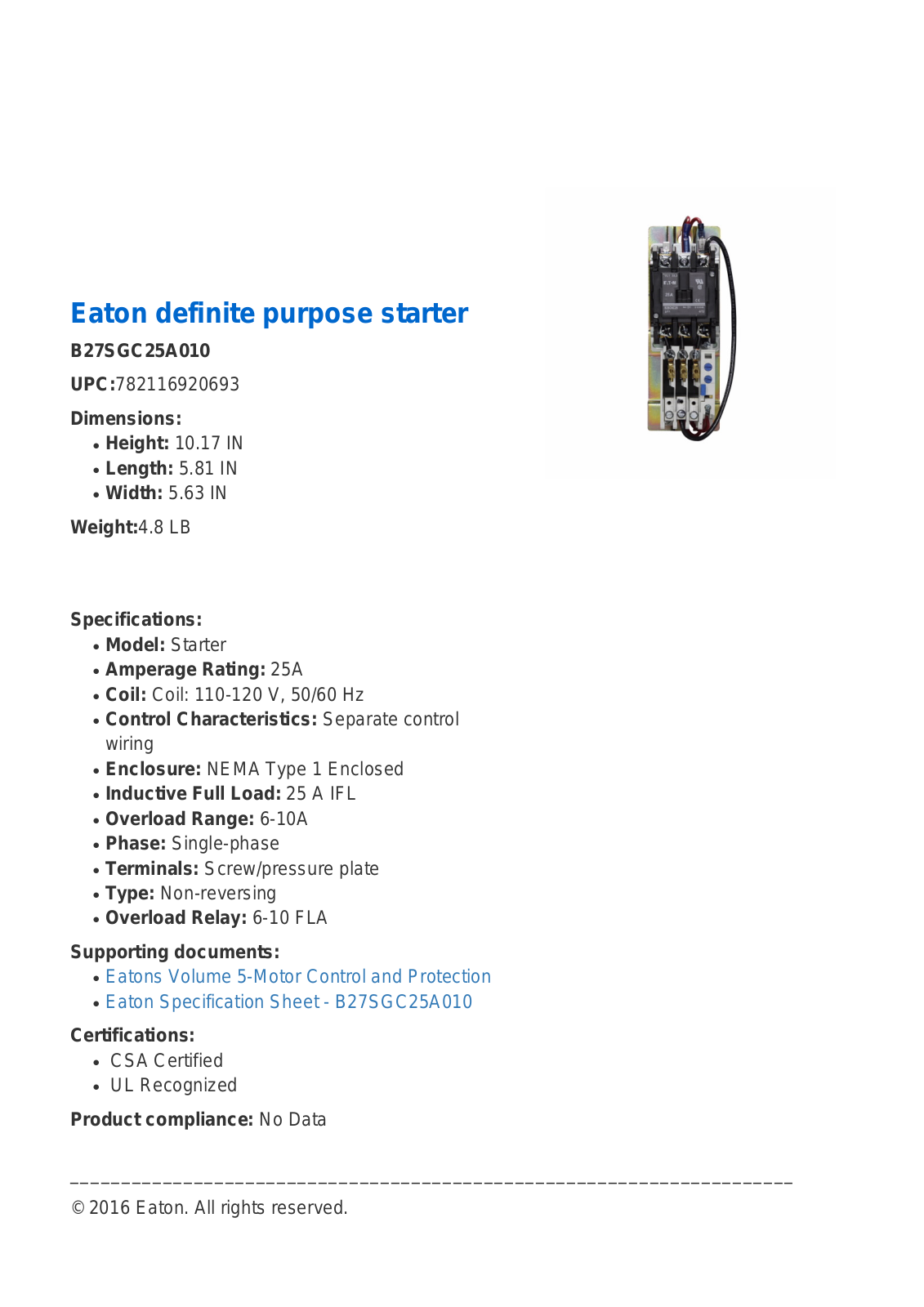 Cutler Hammer, Div of Eaton Corp B27SGC25A010 Specifications