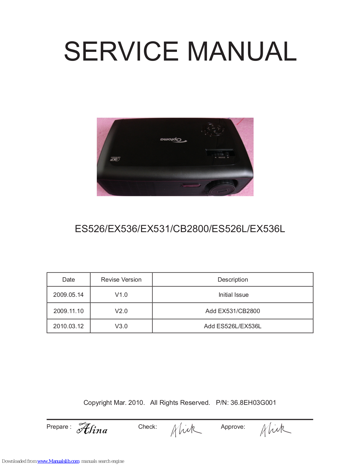 Optoma ES526, EX536, EX531, CB2800, ES526l Schematic