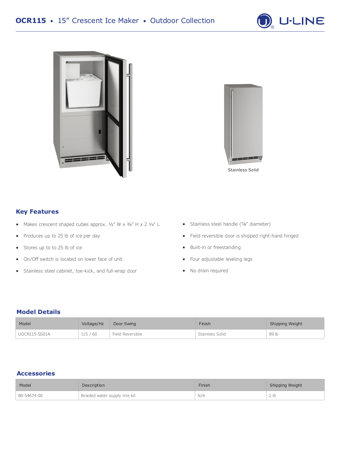 U-Line UOCR115SS01A Specifications