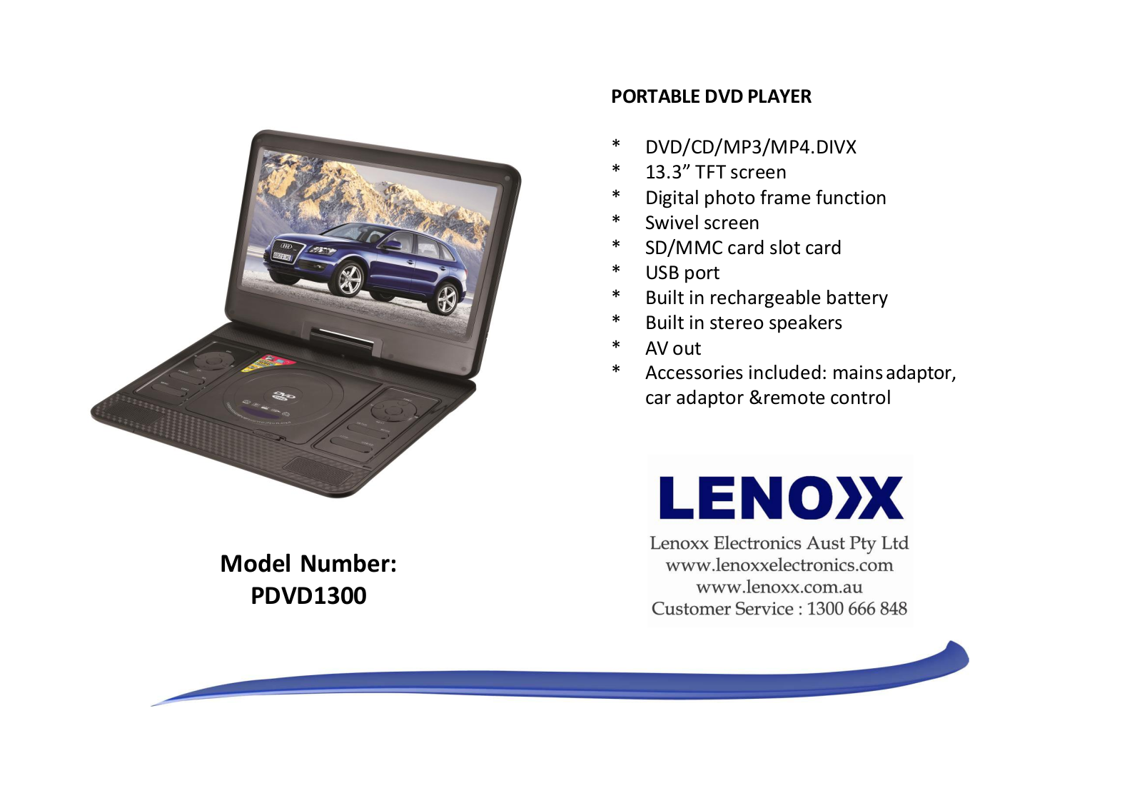 Lenoxx PDVD1300 Specifications Sheet