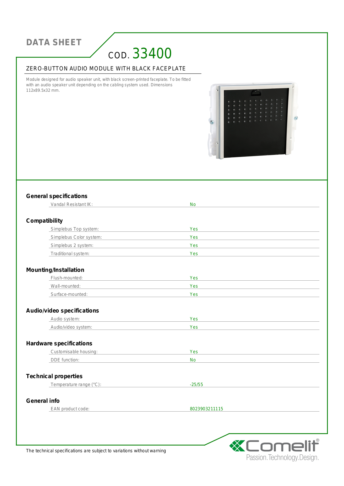 Comelit 33400 Specsheet - ManualMachine.com