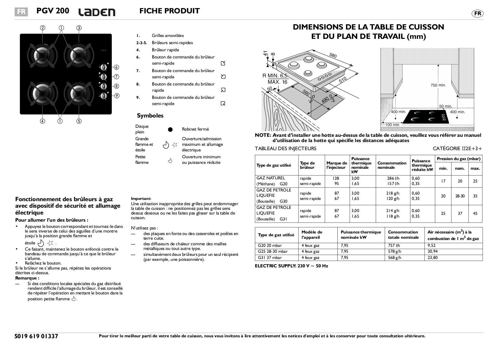 Whirlpool PGV 200 PRODUCT SHEET