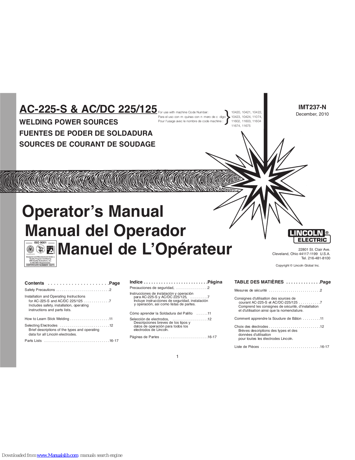 Lincoln Electric WELDING POWER SOURCES AC-225-S, WELDING POWER SOURCES AC/DC 225/125, AC/DC 225, AC/DC 125 Operator's Manual