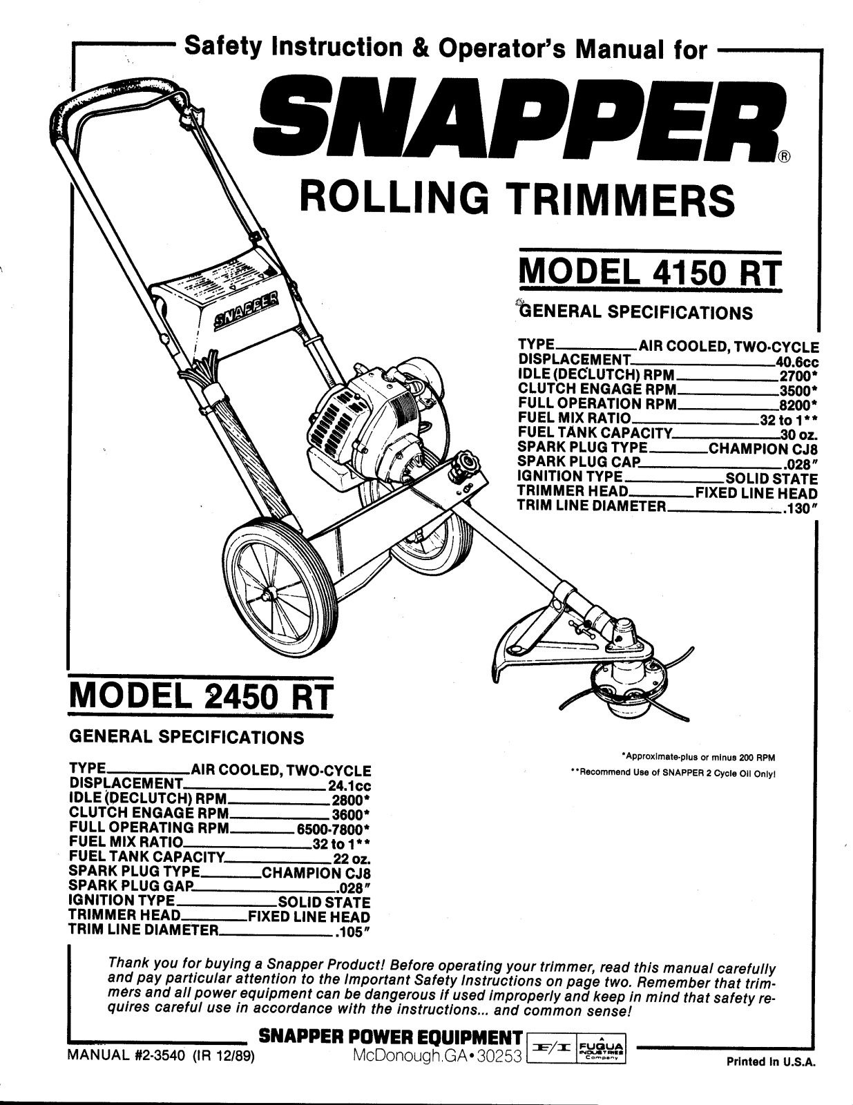 Snapper 4150 RT User Manual