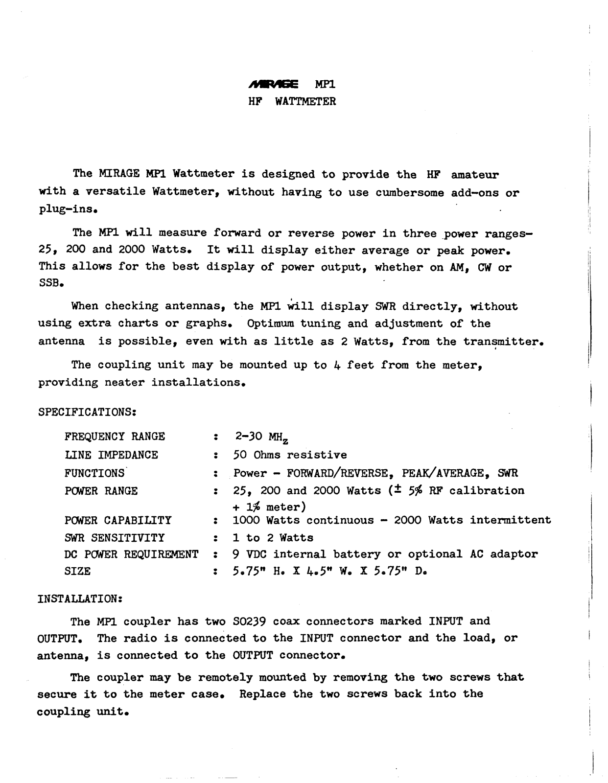 Mirage MP-1 Service manual