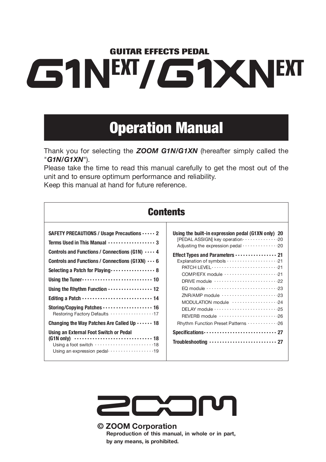 Zoom G1N, G1XN User Manual