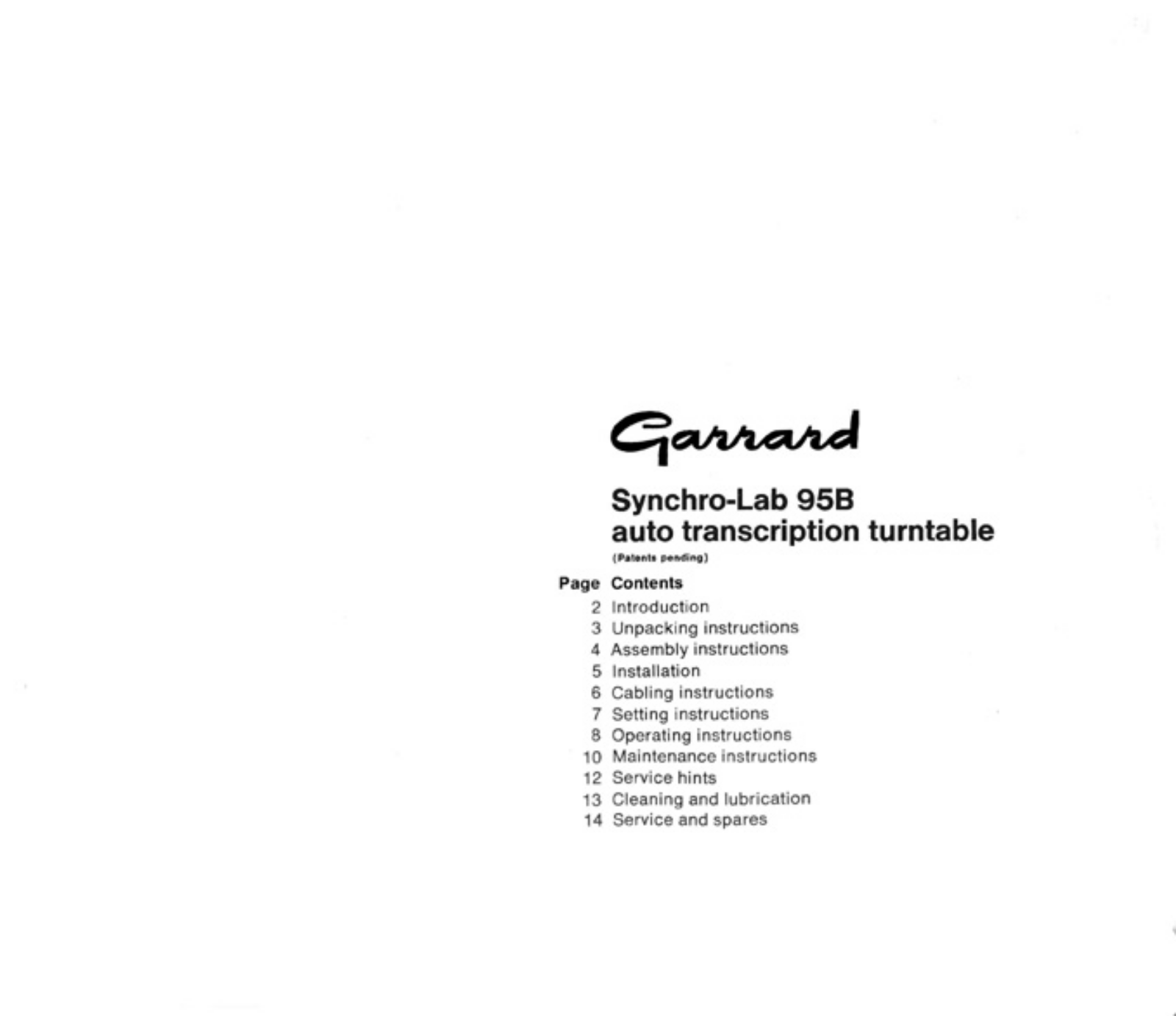 Garrard SL-95-B Owners manual