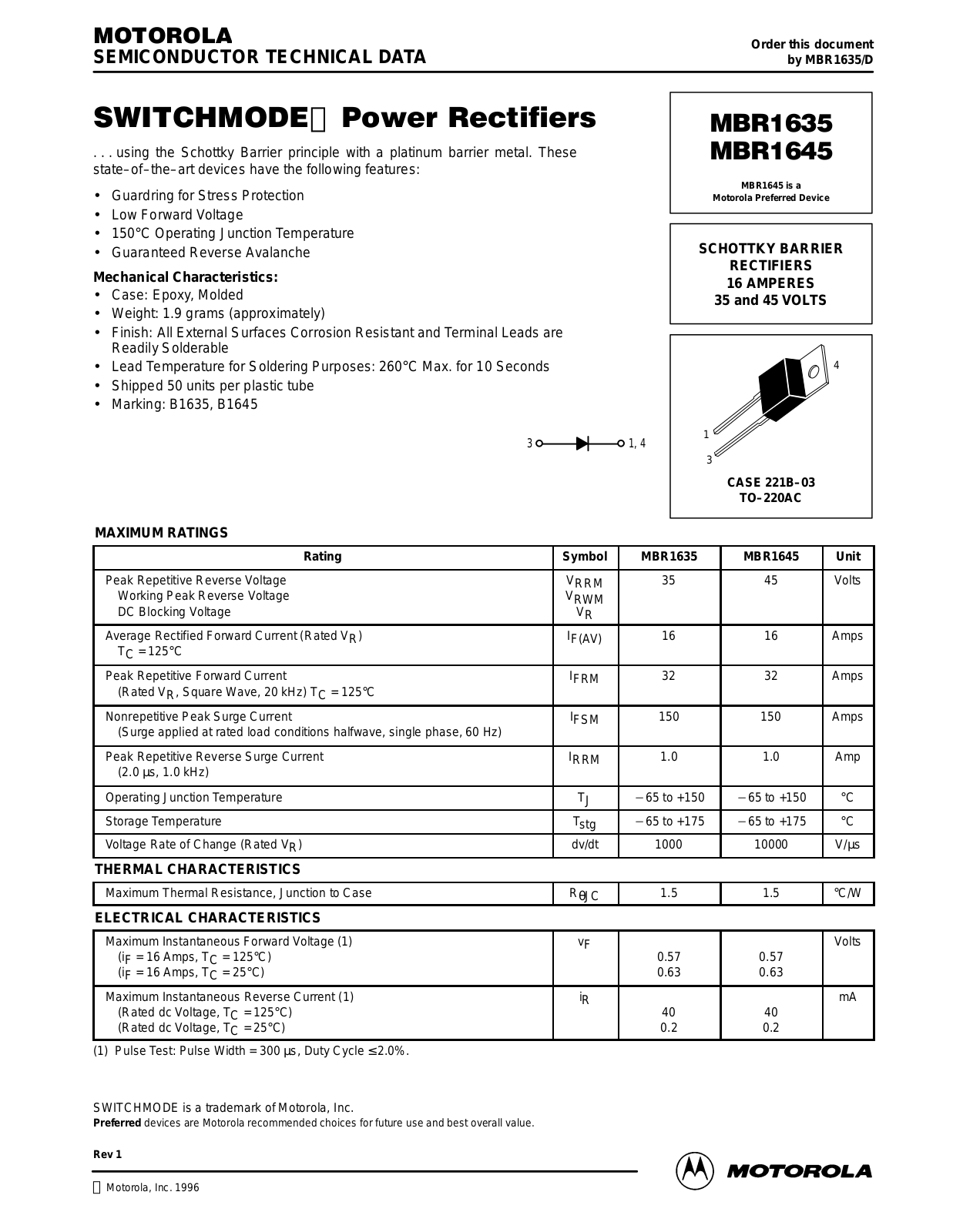 Motorola MBR1635, MBR1645 Datasheet