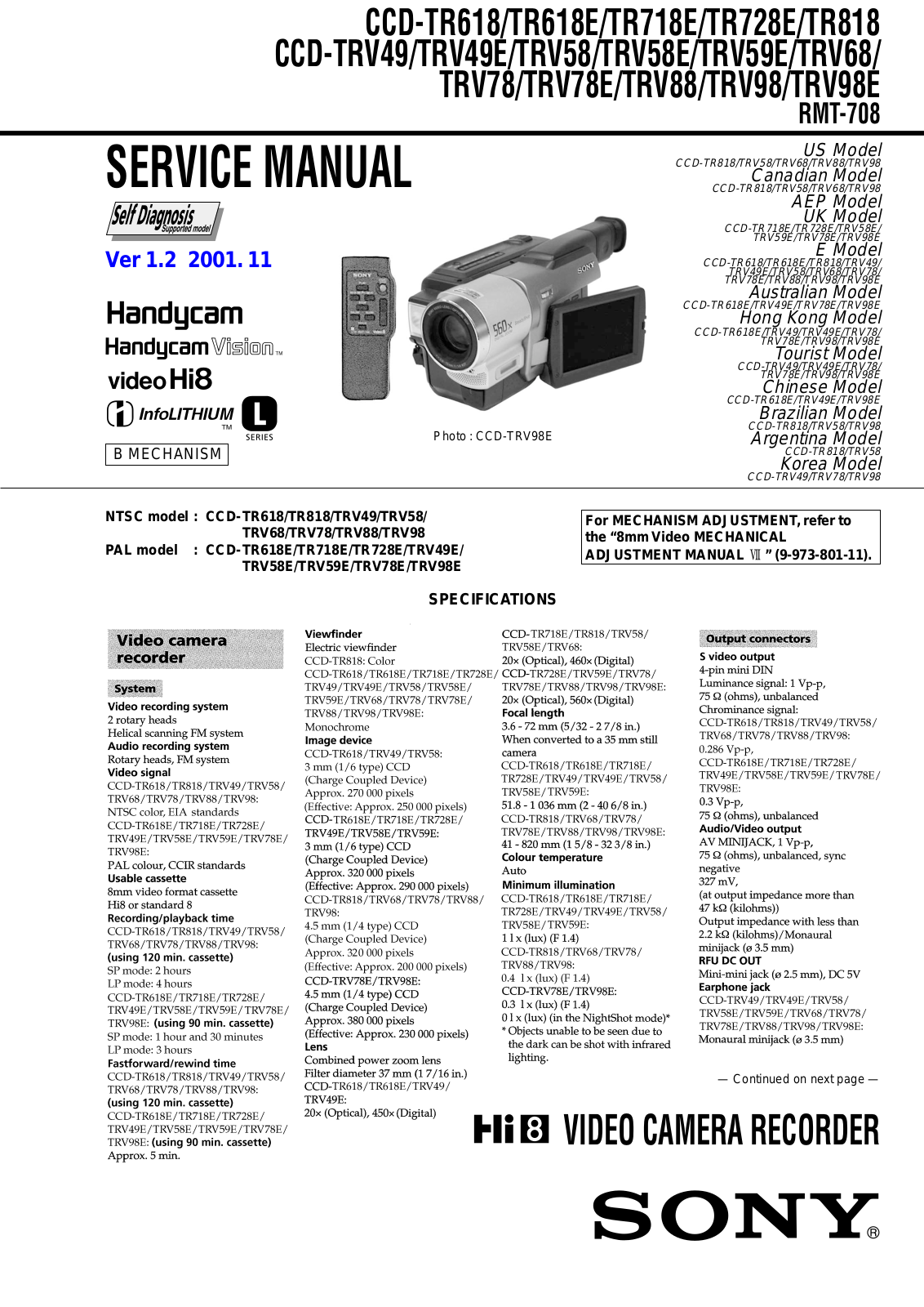 Sony CCD-TR618, CCD-TR718, CCD-TR728, CCD-TR818, CCD-TRV49 Service manual