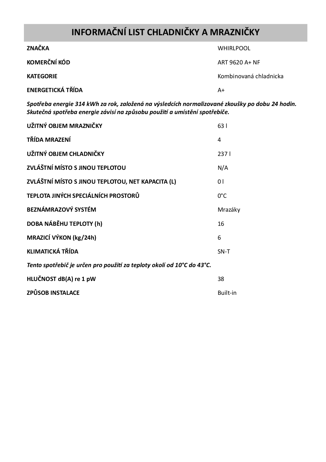 Whirlpool ART9620ANF Information sheet