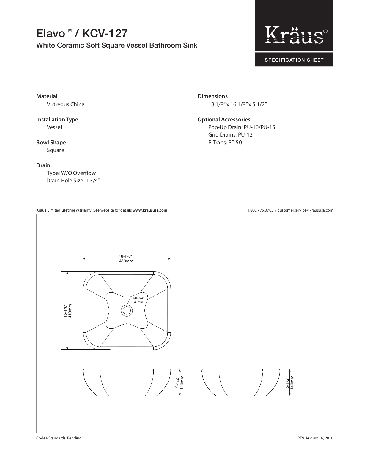 Kraus KCV127, KCV127ORB Specifications