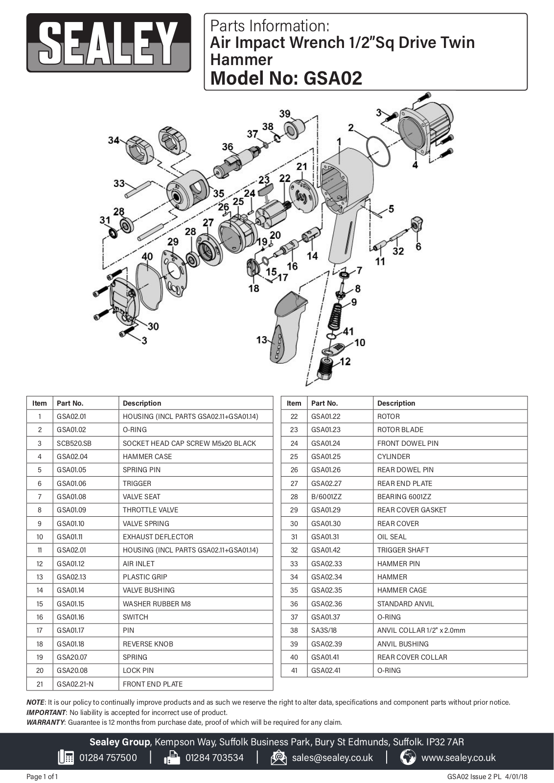 Sealey GSA02 Parts Listing - ManualMachine.com