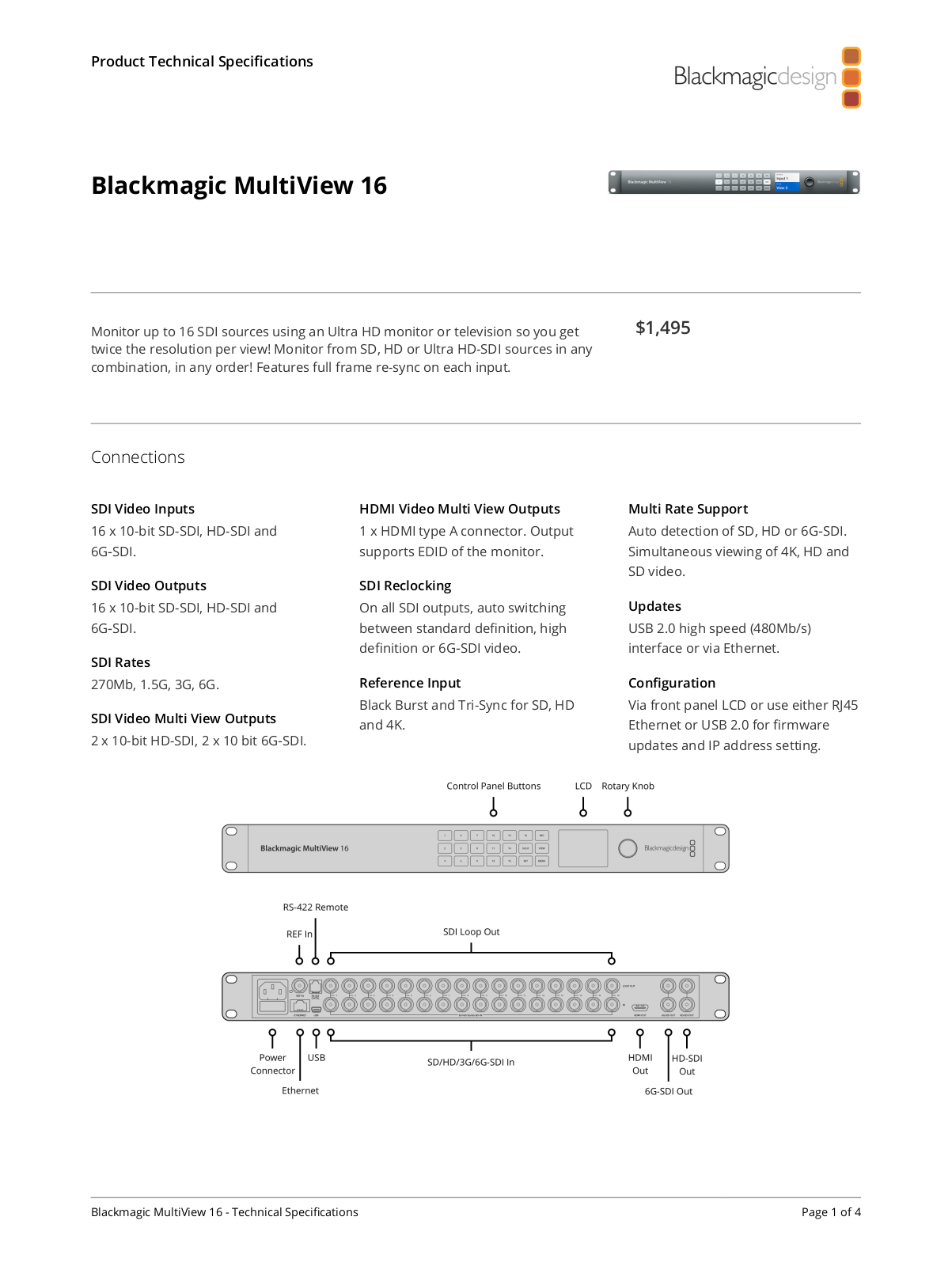 Blackmagic Design MultiView 16 Specifications