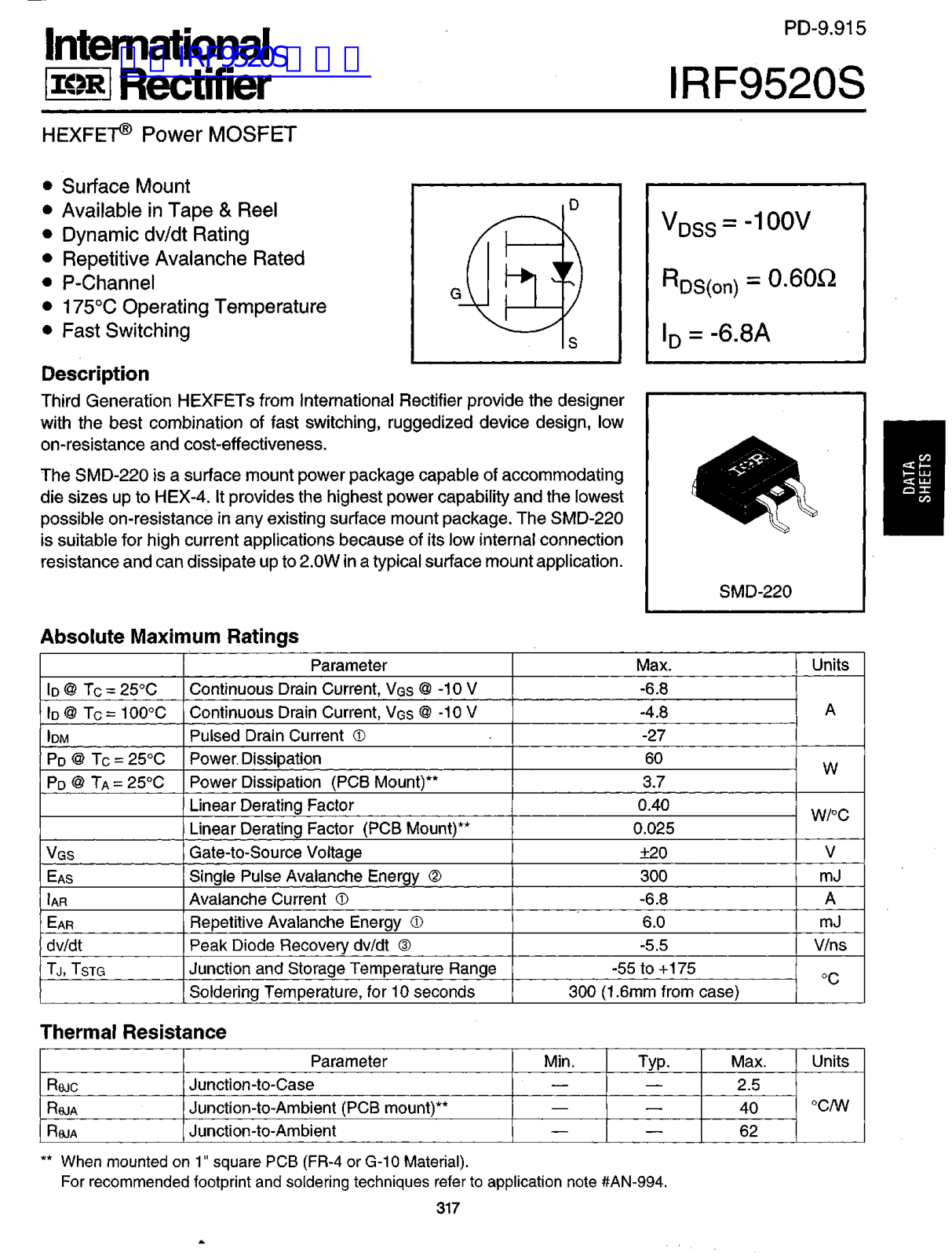 International Rrectifier IRF9520S User Manual