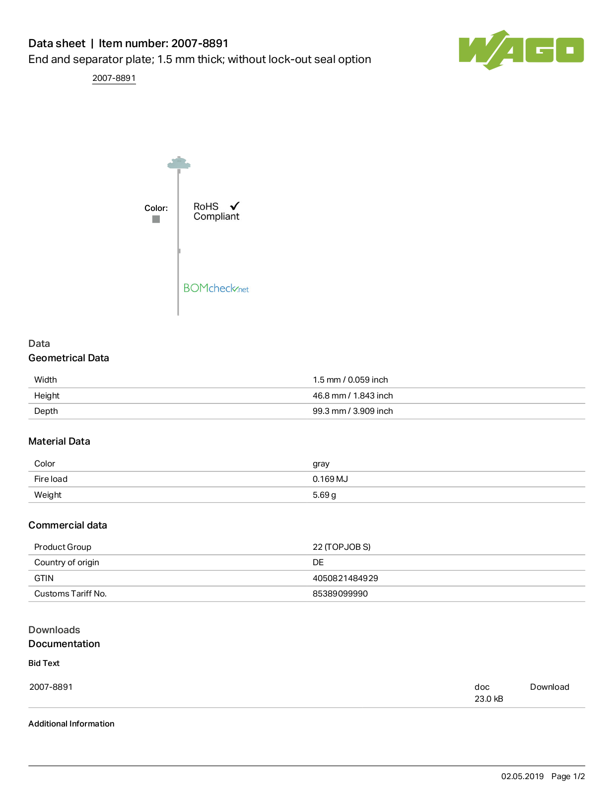 Wago 2007-8891 Data Sheet