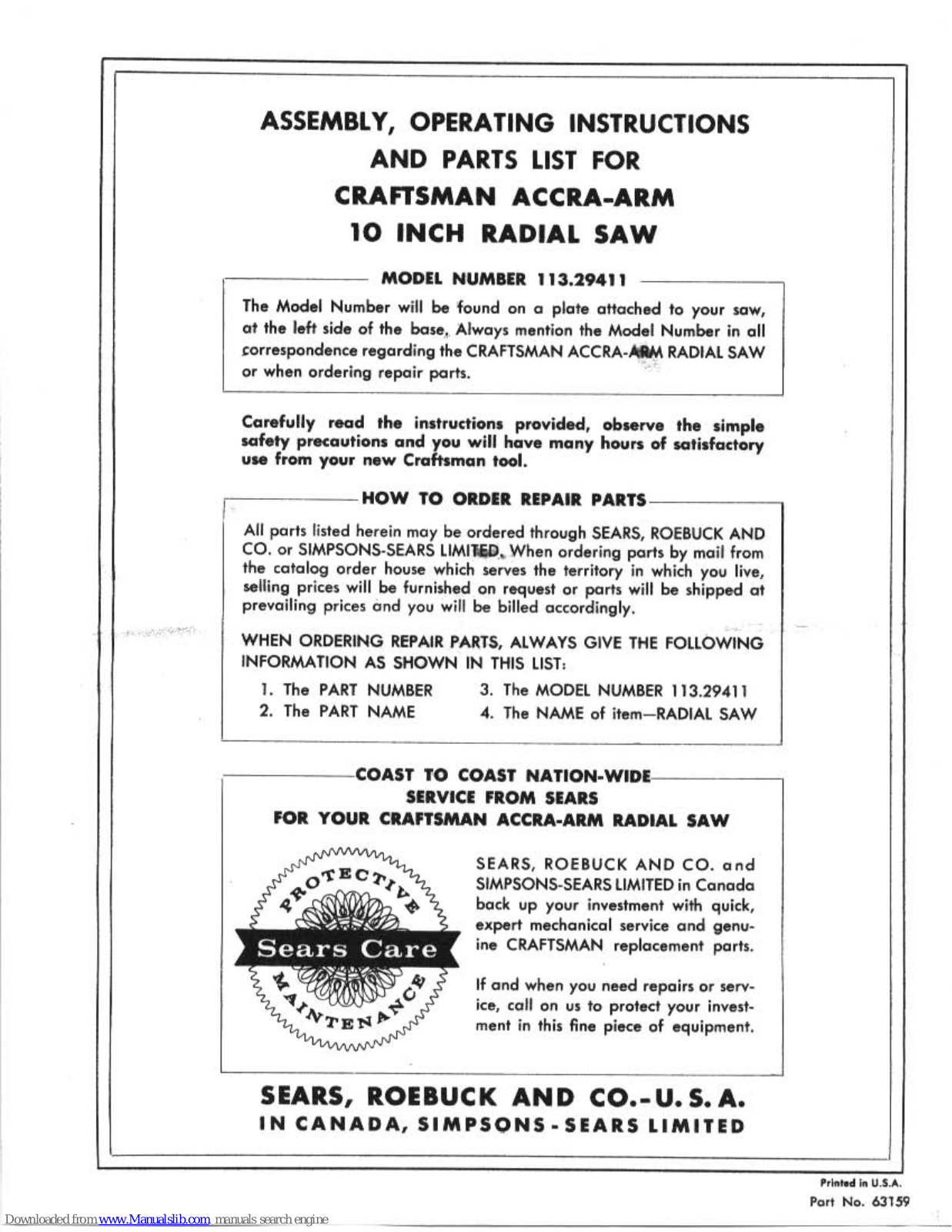 Craftsman 113.29411 Assembly, Operating Instructions And Parts List