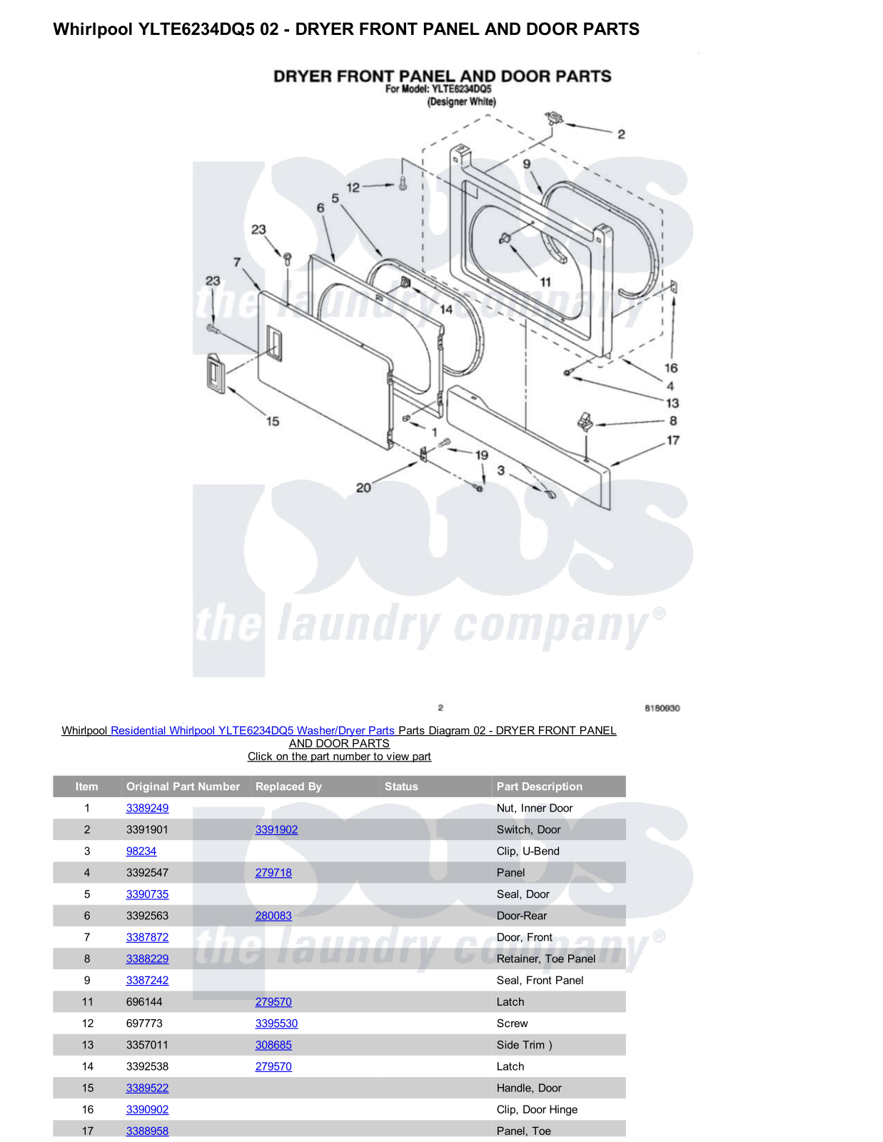 Whirlpool YLTE6234DQ5/Dryer Parts Diagram